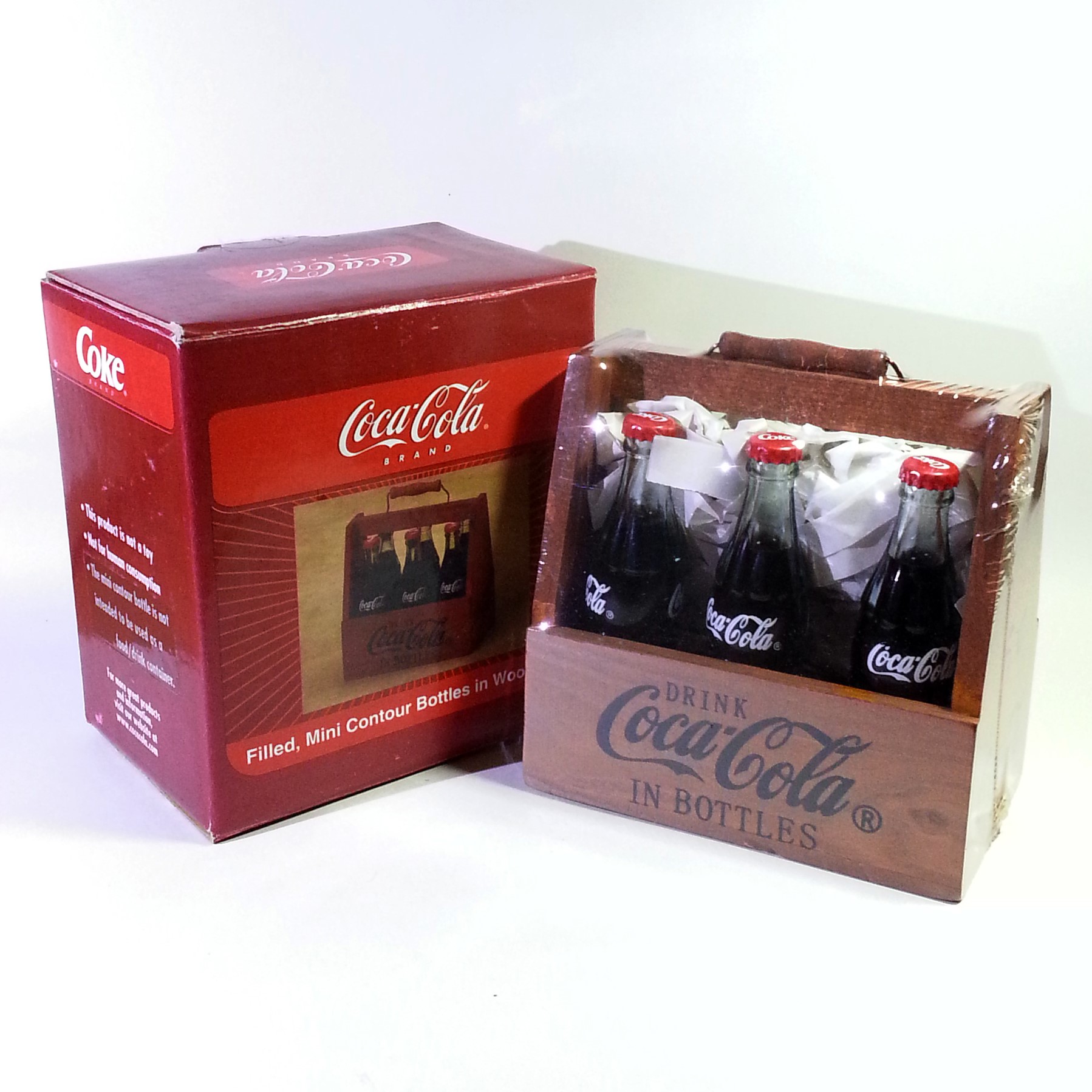 Coca Cola Filled Mini Contour Bottles (6pcs) In Wooden Crate Carrier w/ Handle - 2004 New In Box