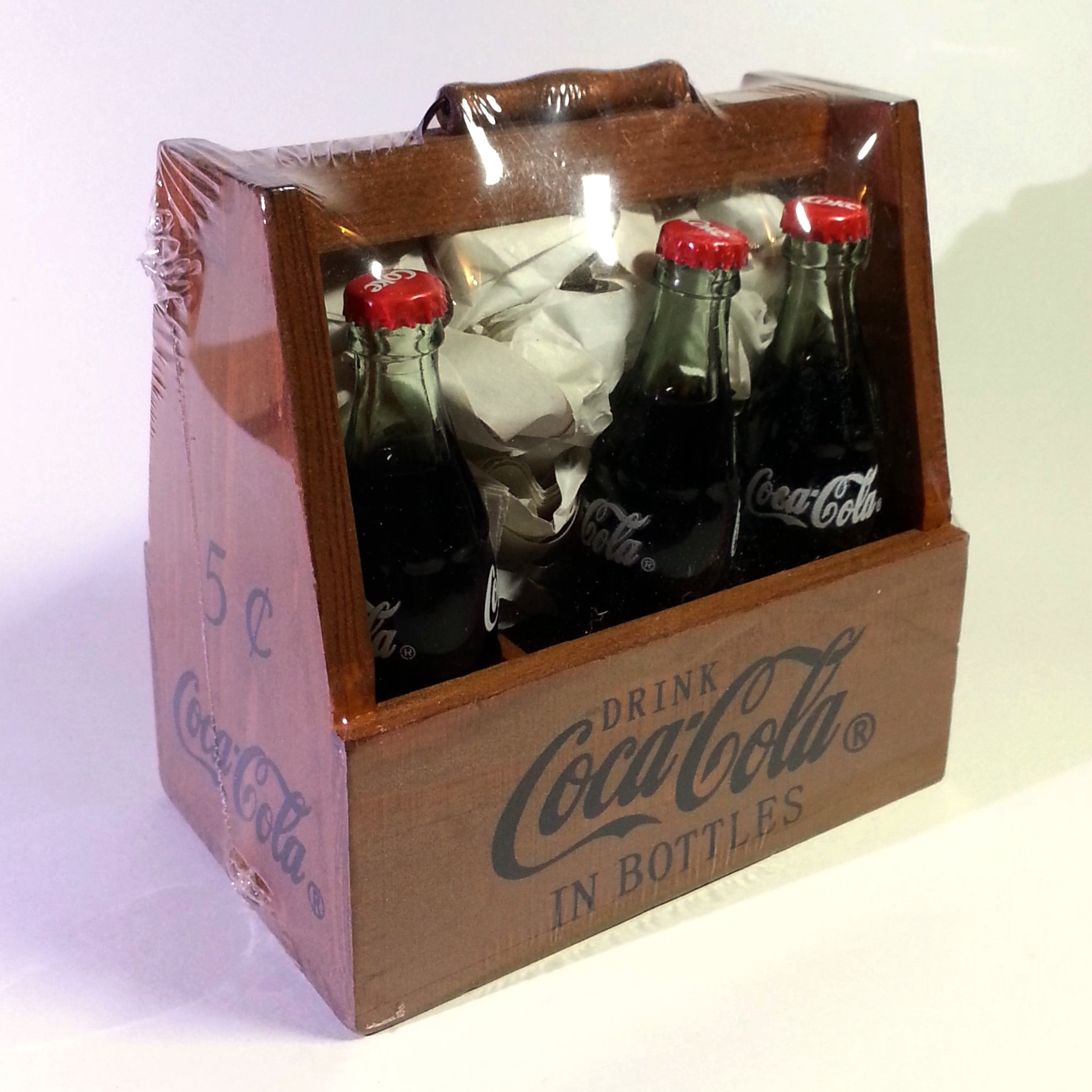 Coca Cola Filled Mini Contour Bottles (6pcs) In Wooden Crate Carrier w/ Handle - 2004 New In Box