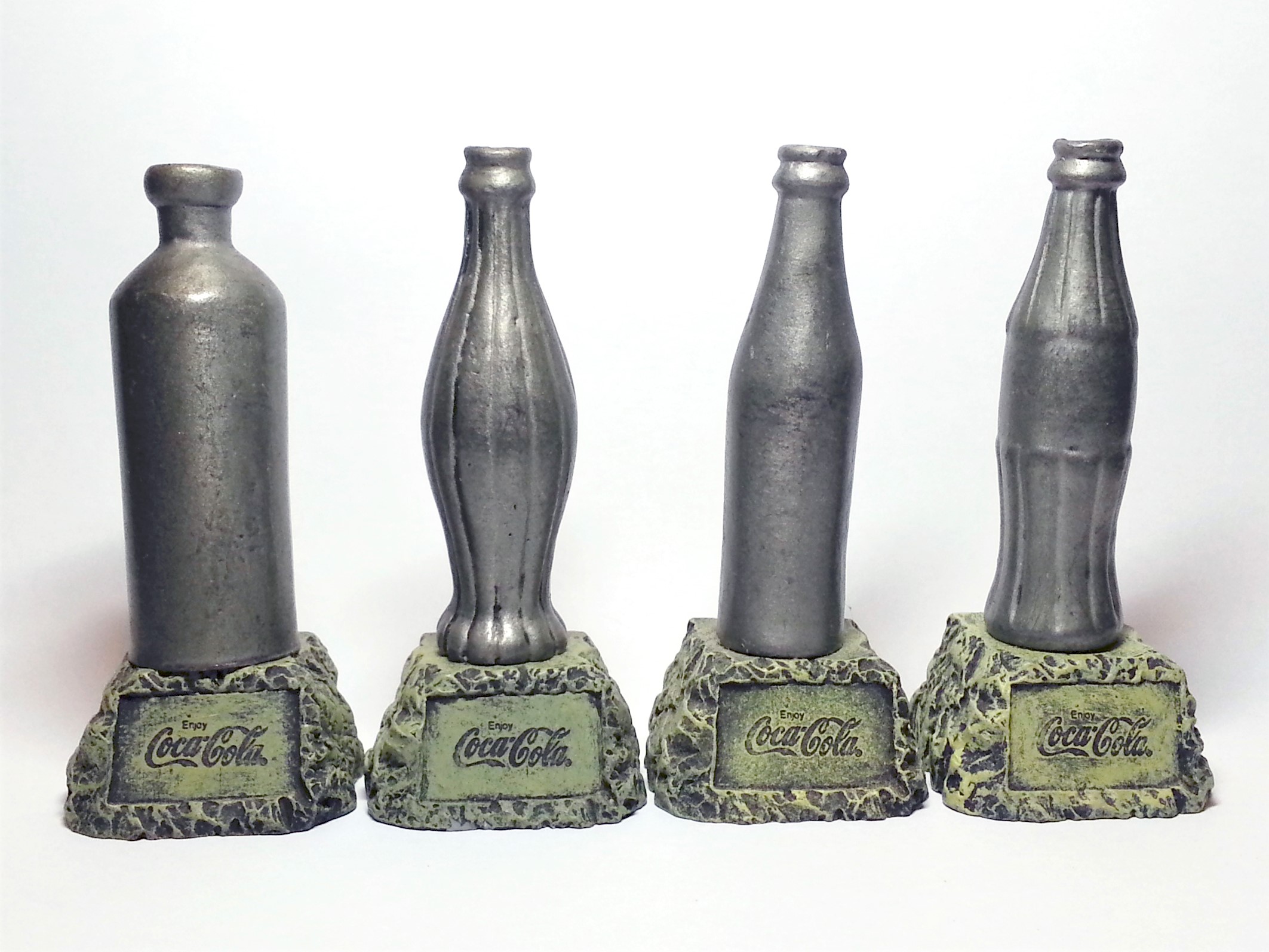 Coca Cola 2000 Faux Aged Pewter Miniature Contour Bottle Statues Set of 4