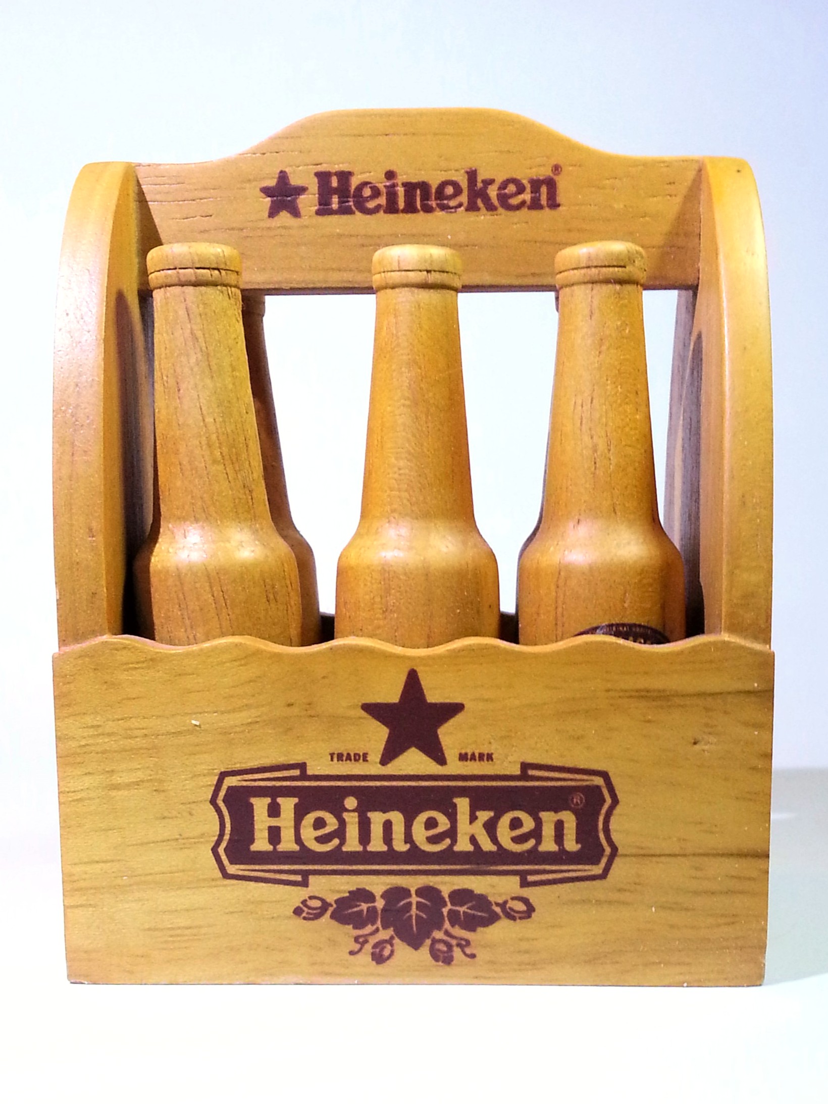 Heineken Wooden Mini Beer Bottle Set (6pcs) w/ Carrier Crate - Rare Vintage