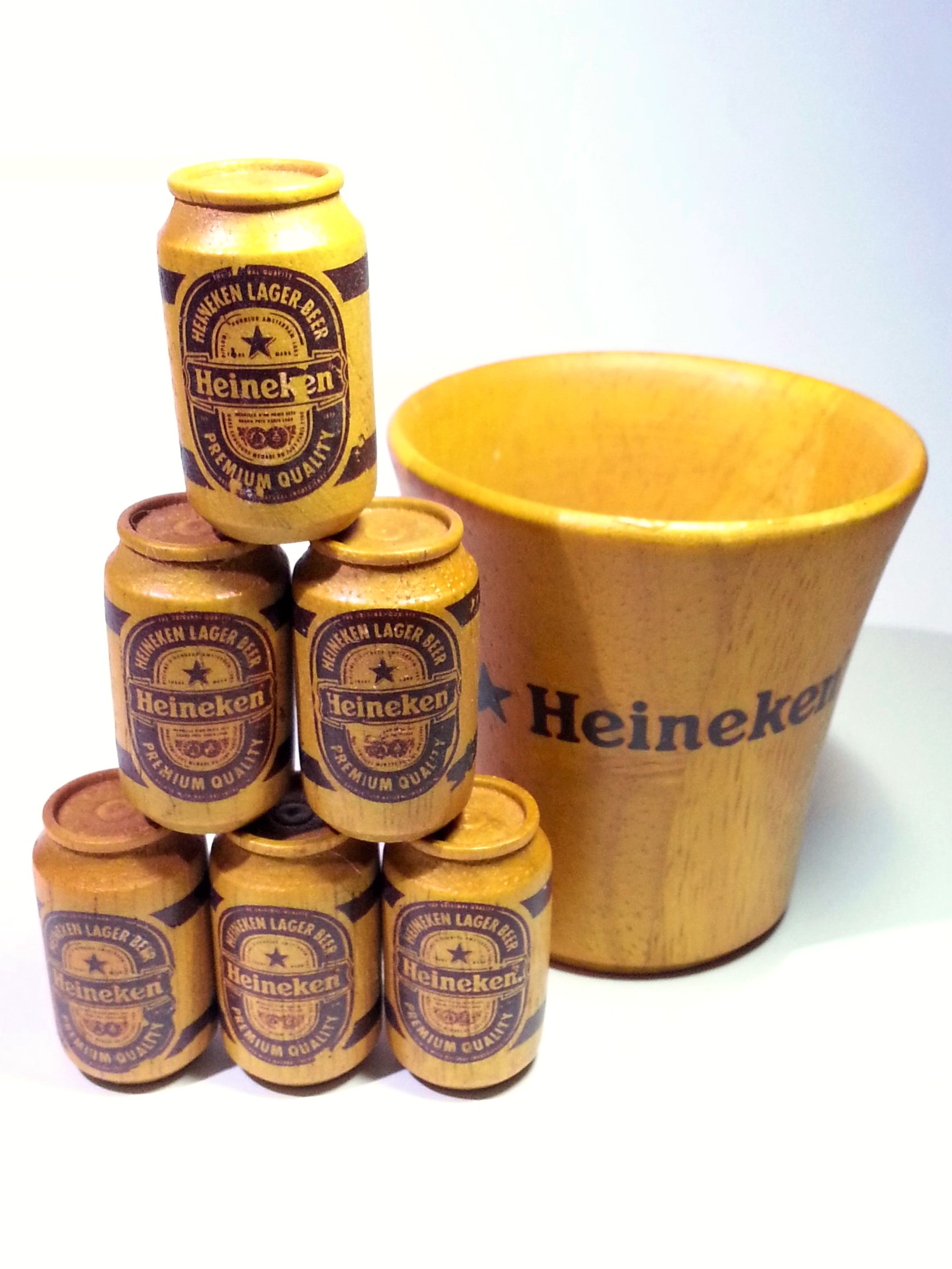 Heineken Wooden Mini Beer Can Set (6pcs) w/ Carrier Crate - Rare Vintage