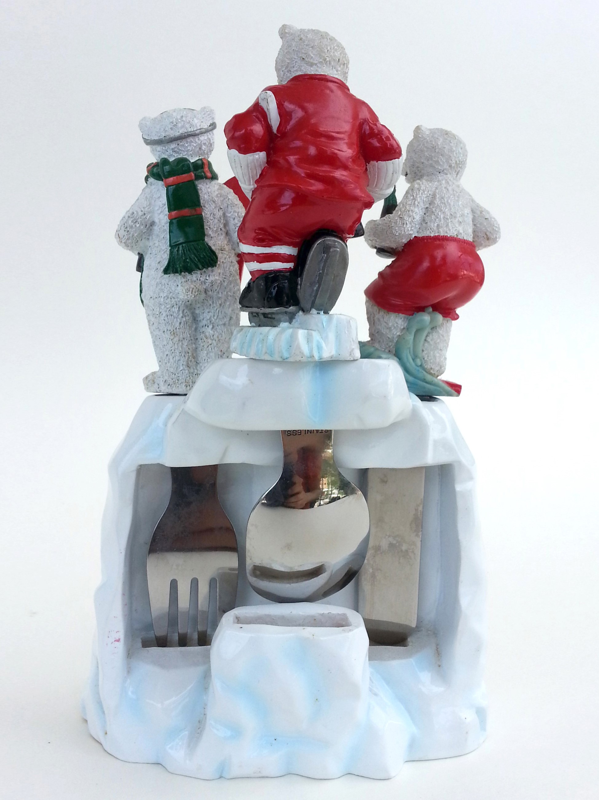 Coca Cola 1998 Polar Bear Handle Flatware w/ Snow Mountain Utensil Holder Set