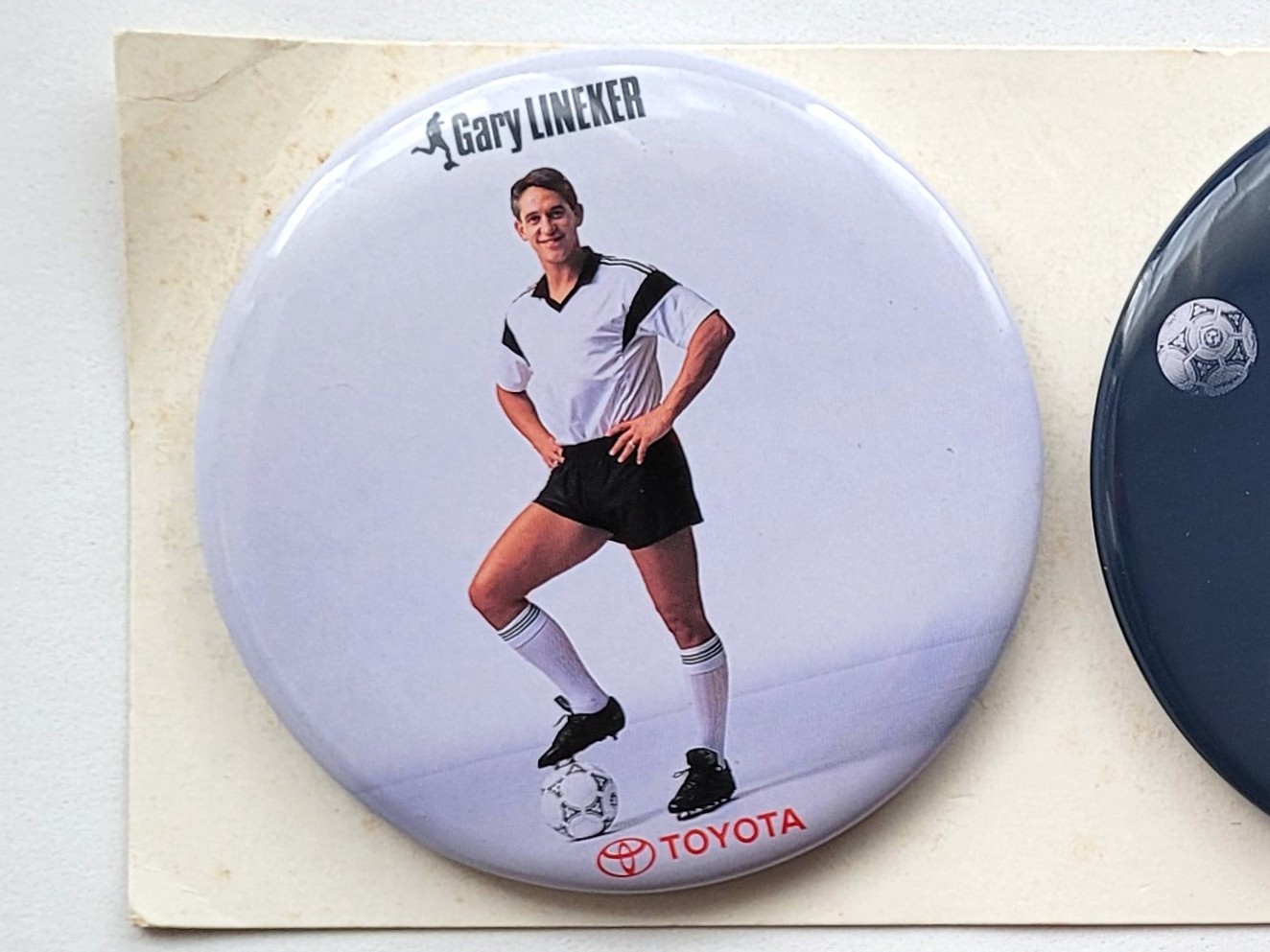 Toyota x Gary Lineker 3.25" Round Button Badge Set Of 3 w/ Sticker - 90s Pin Badges