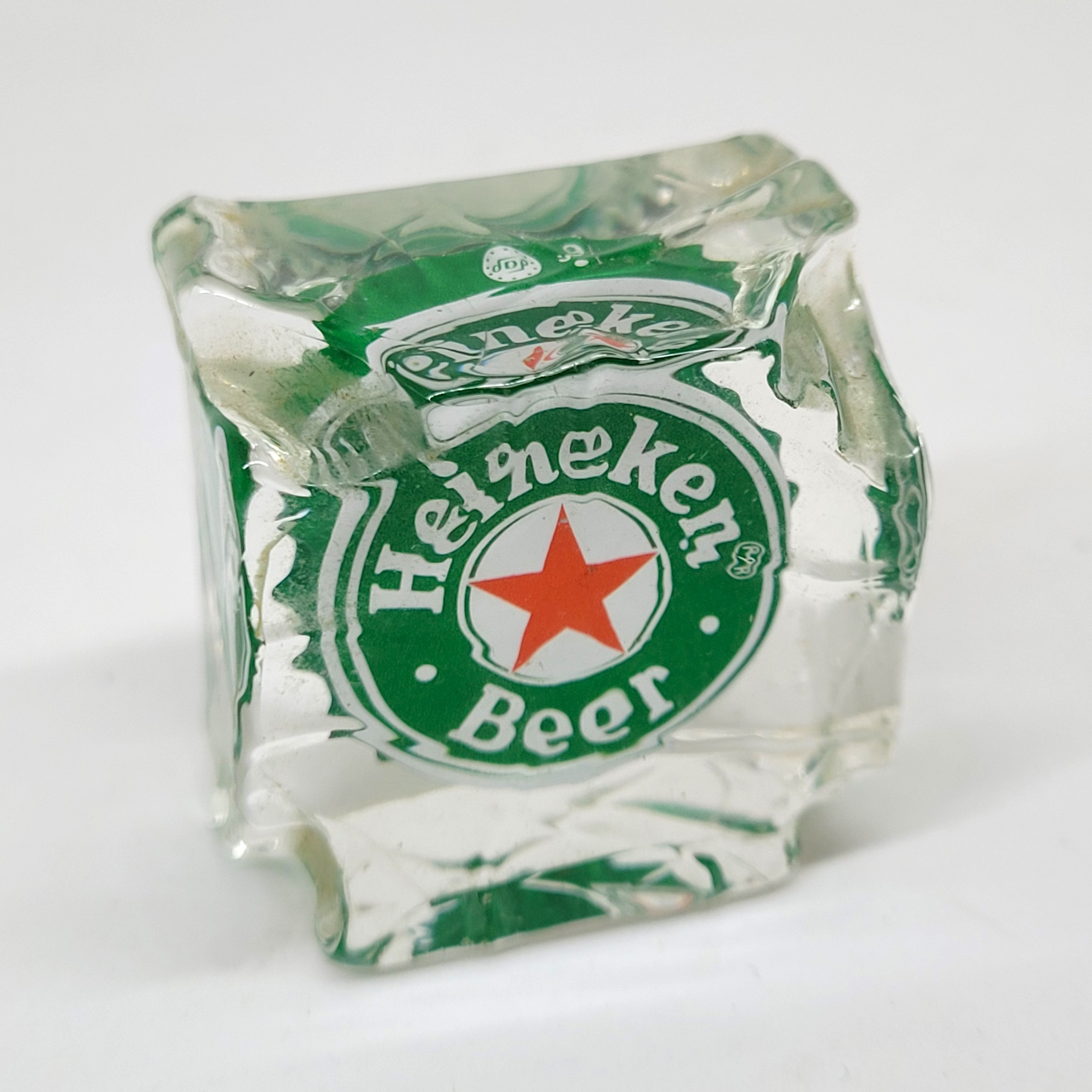 Heineken Beer Bottle Cap In Acrylic Ice Cube Paperweight - 1990s Rare Vintage