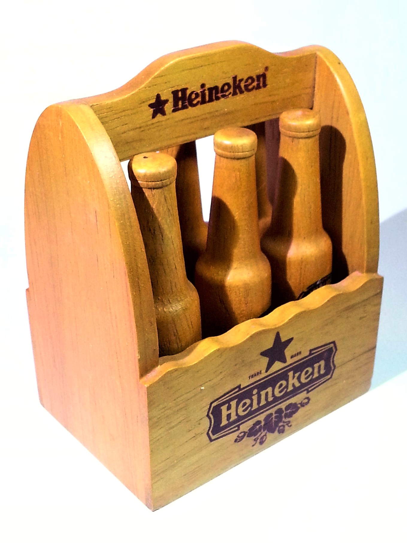 Heineken Wooden Mini Beer Bottle Set (6pcs) w/ Carrier Crate - Rare Vintage