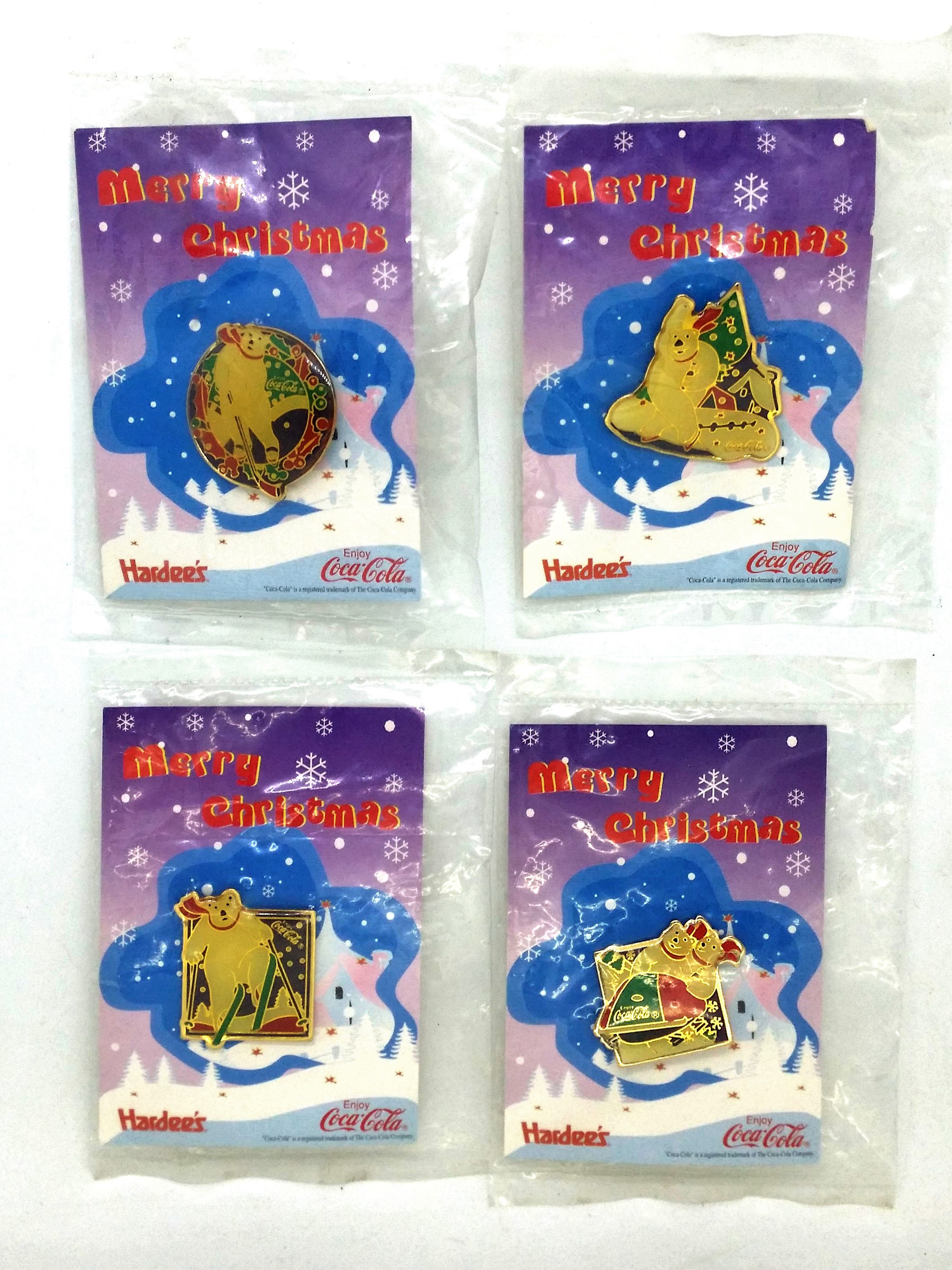 Coca Cola x Hardee's Polar Bear Pin Badge Set Of 4 Factory Sealed - 90s Hong Kong X'mas