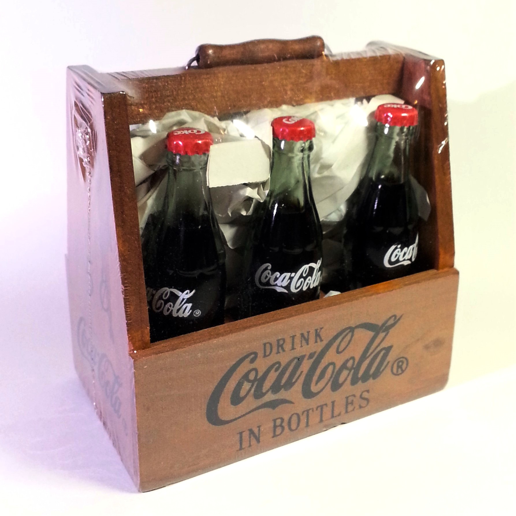Coca Cola Filled Mini Contour Bottles (6pcs) In Wooden Crate Carrier w/ Handle - 2004 New In Box