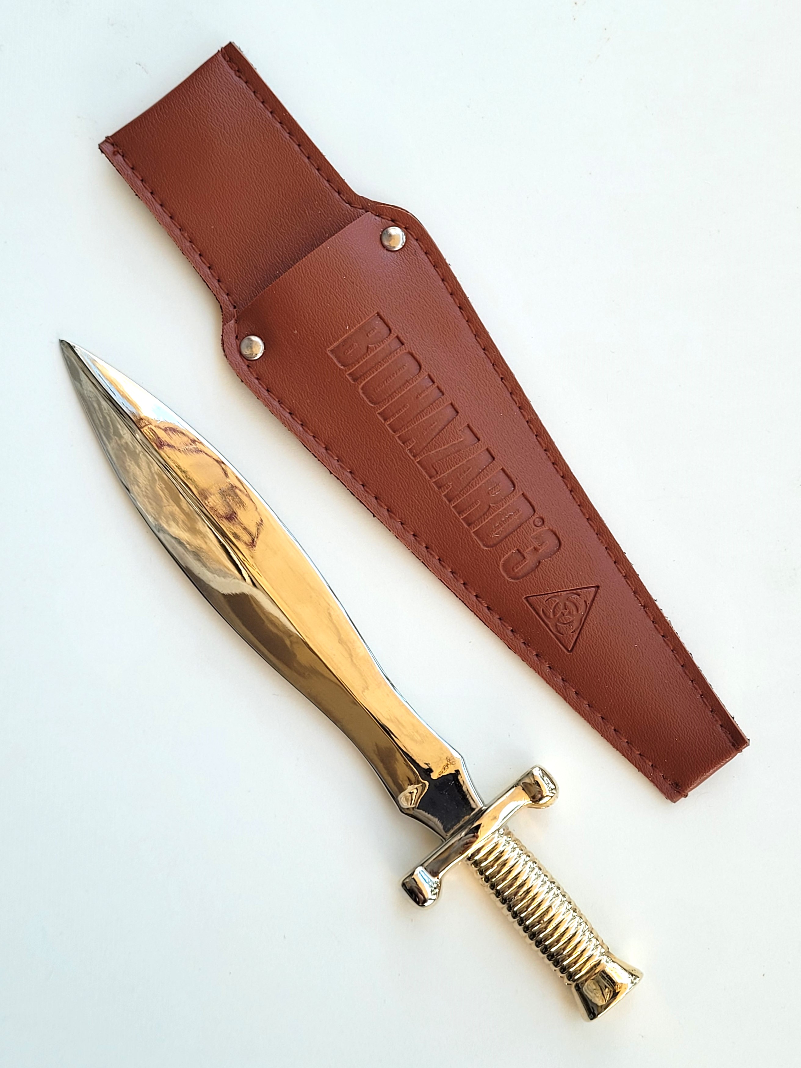 BIOHAZARD 3 Letter Opener Replica Dagger (Gold) w/ Leather Sheath - 1999 Capcom Resident Evil Hong Kong Comics