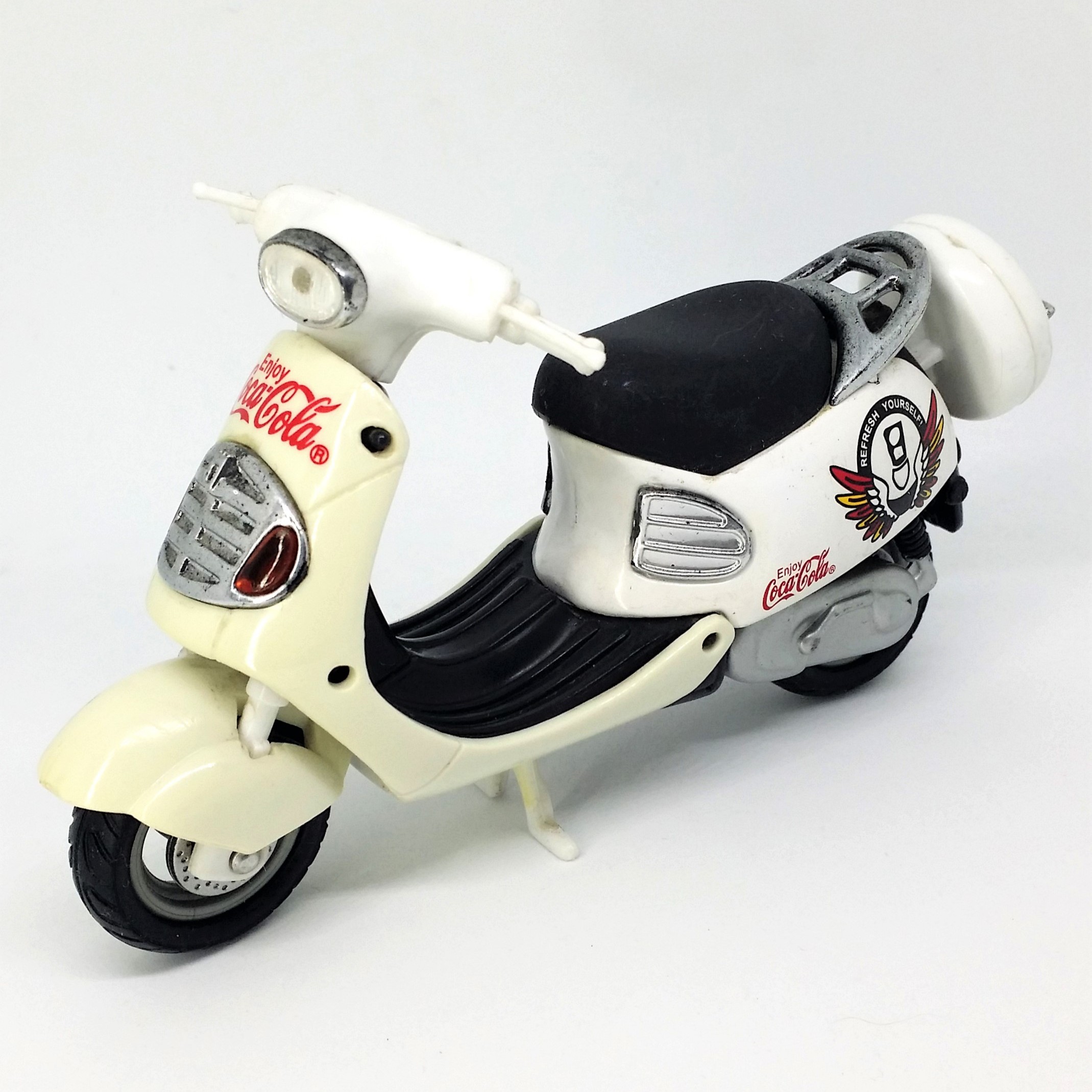 Coca Cola Motor Scooter Diecast Plastic Motorcycle Toy (White/Cream) - Vintage 90s
