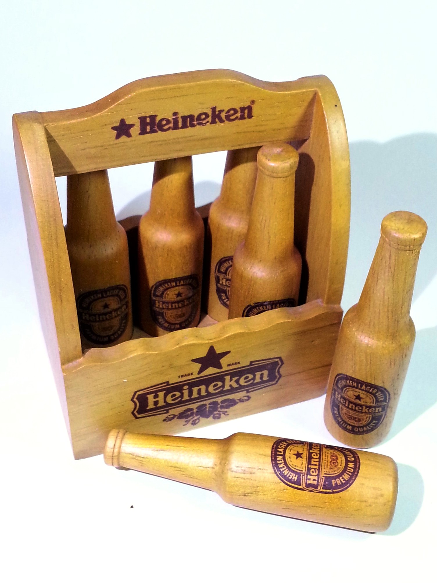Heineken Wooden Mini Beer Bottle Set (6pcs) w/ Carrier Crate - Rare Vintage