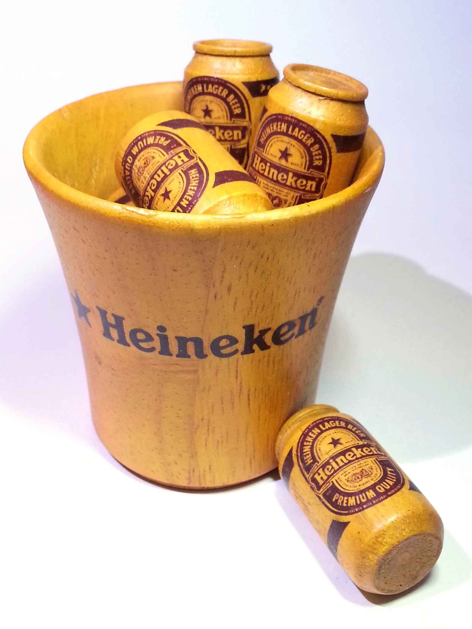 Heineken Wooden Mini Beer Can Set (6pcs) w/ Carrier Crate - Rare Vintage