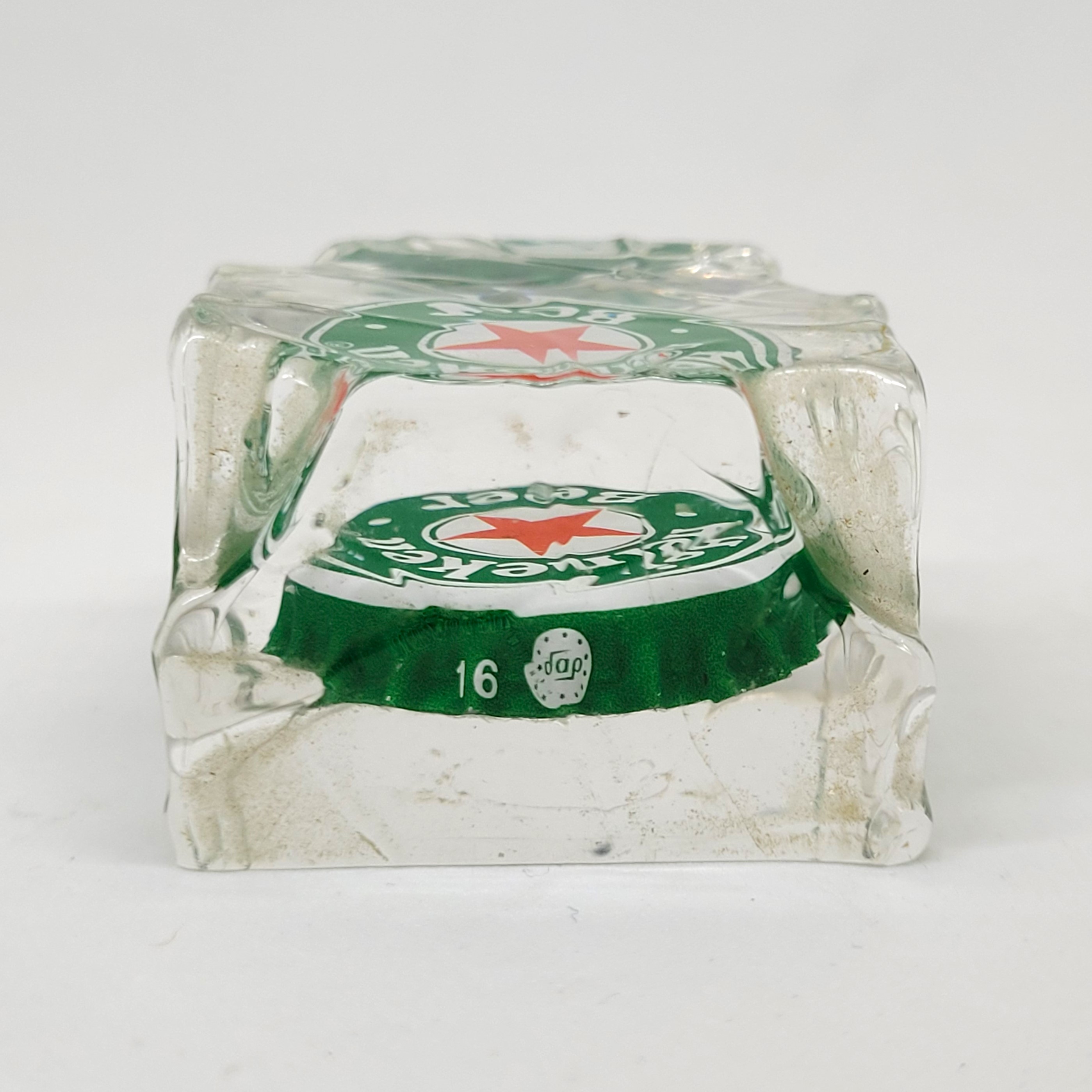 Heineken Beer Bottle Cap In Acrylic Ice Cube Paperweight - 1990s Rare Vintage