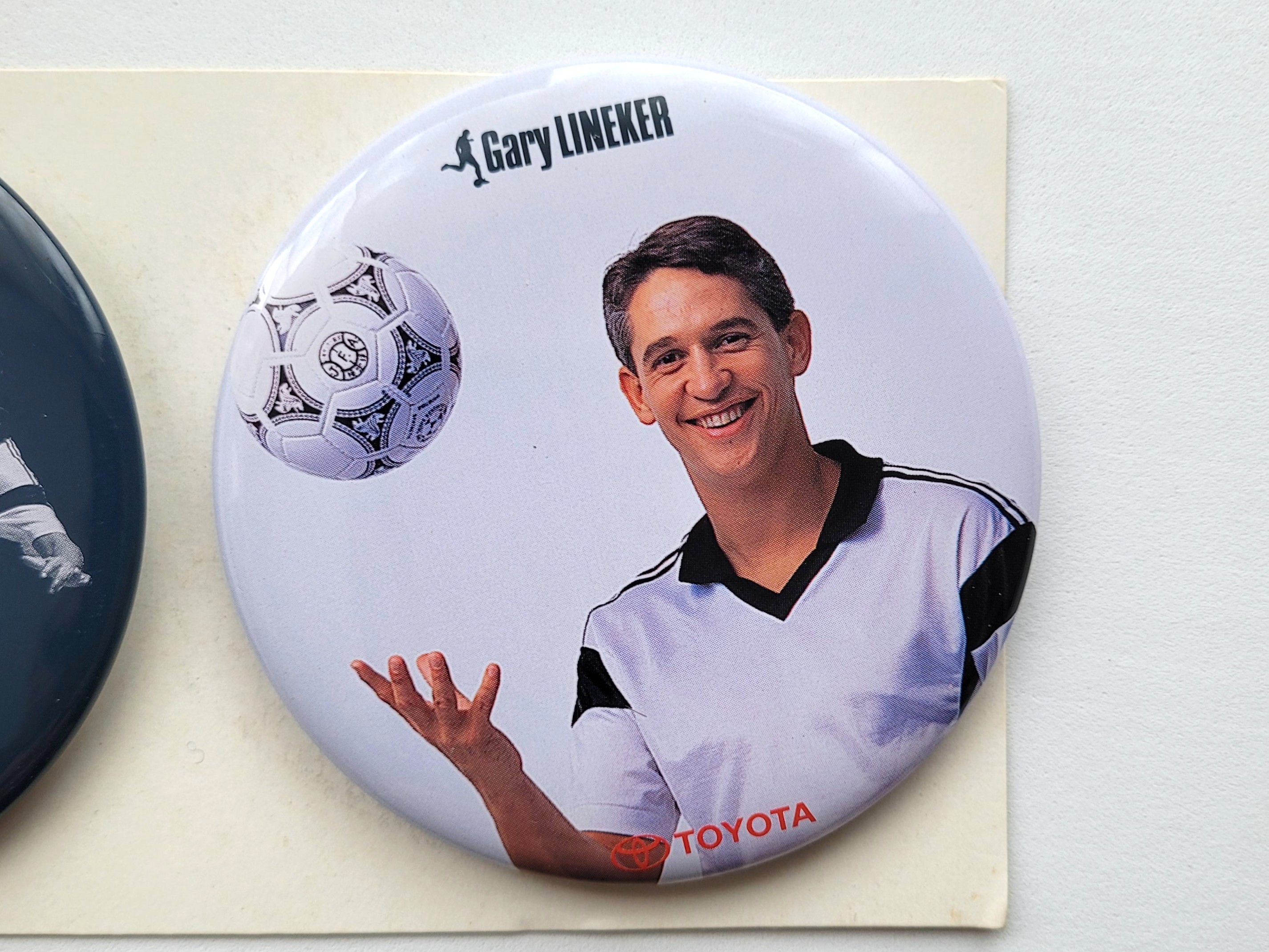 Toyota x Gary Lineker 3.25" Round Button Badge Set Of 3 w/ Sticker - 90s Pin Badges