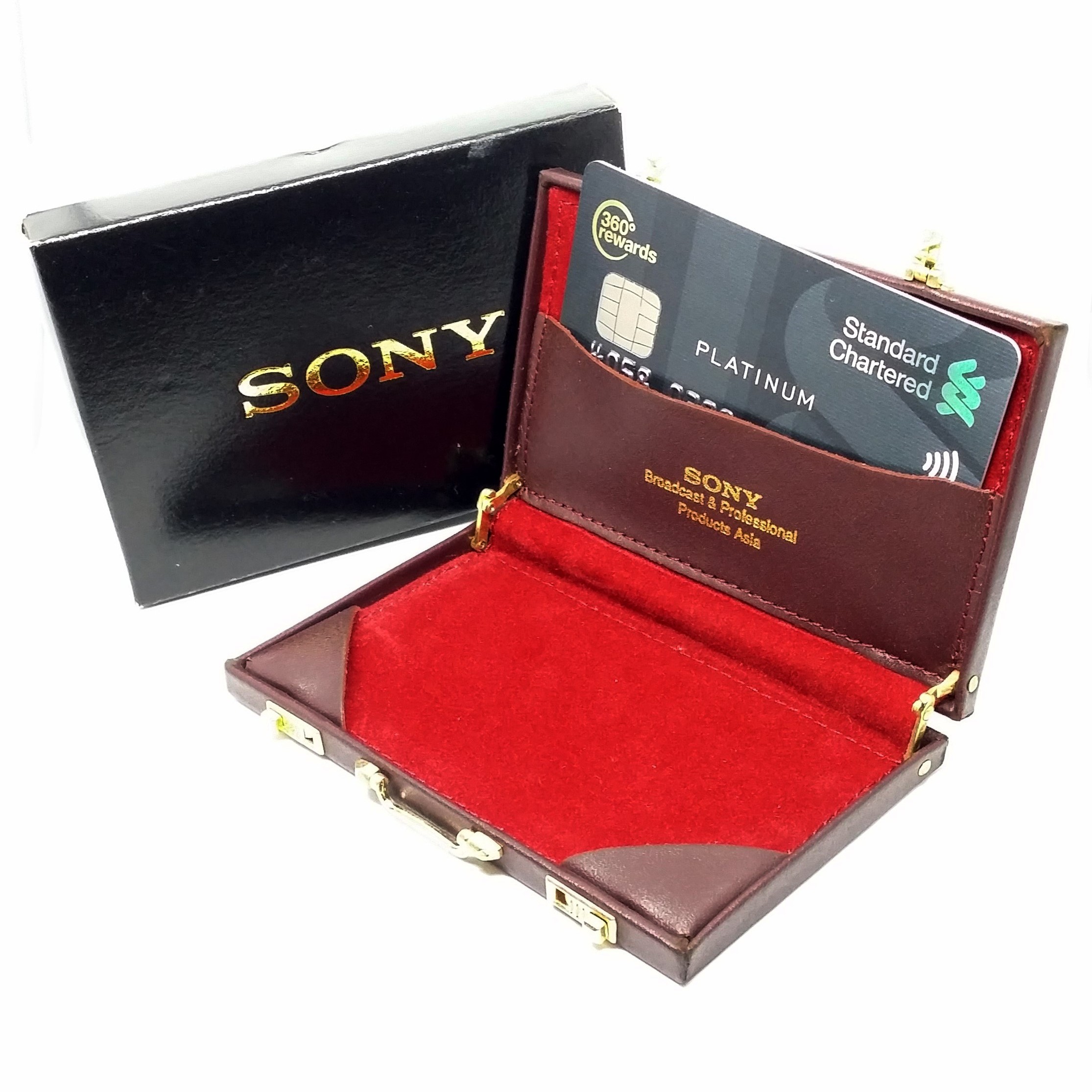 SONY Mini Leather Briefcase Business Name Card Holder - Rare Vintage NIB