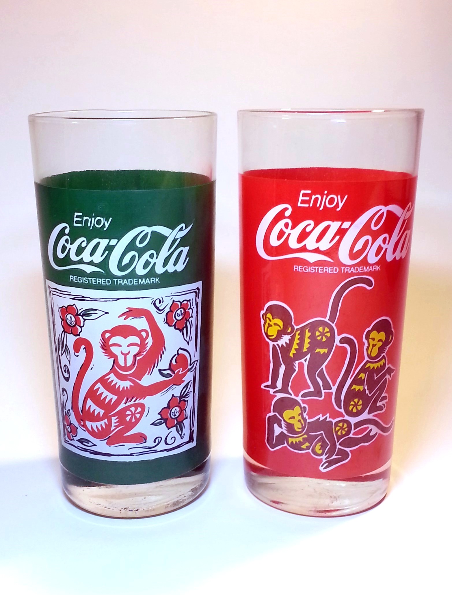 Coca Cola 1992 Chinese Zodiac Year Of The Monkey Drinking Glass Tumblers (Green / Red)