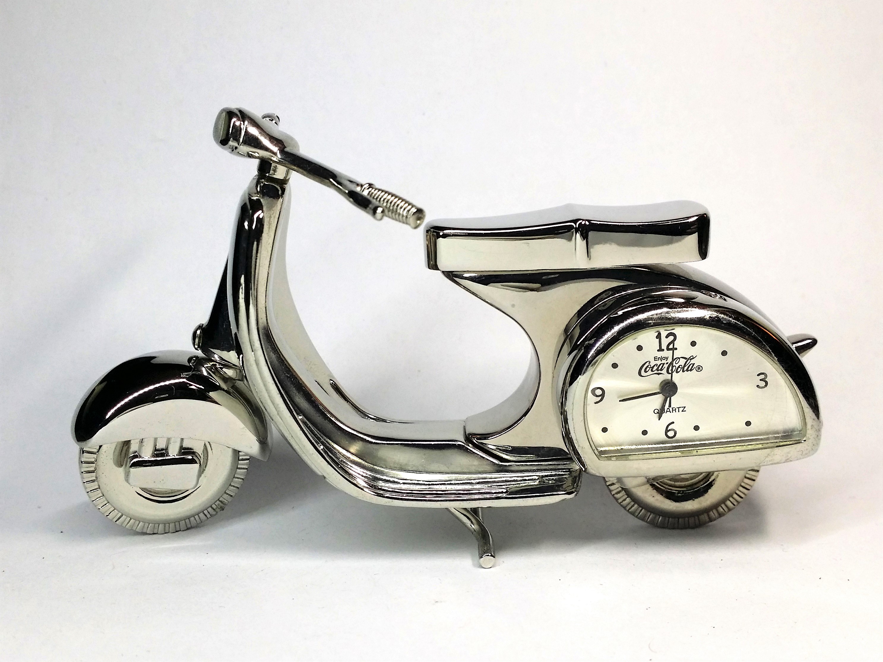 Coca Cola 2001 Motor Scooter Silver Metal Desk Clock - Ex Display Tested Works
