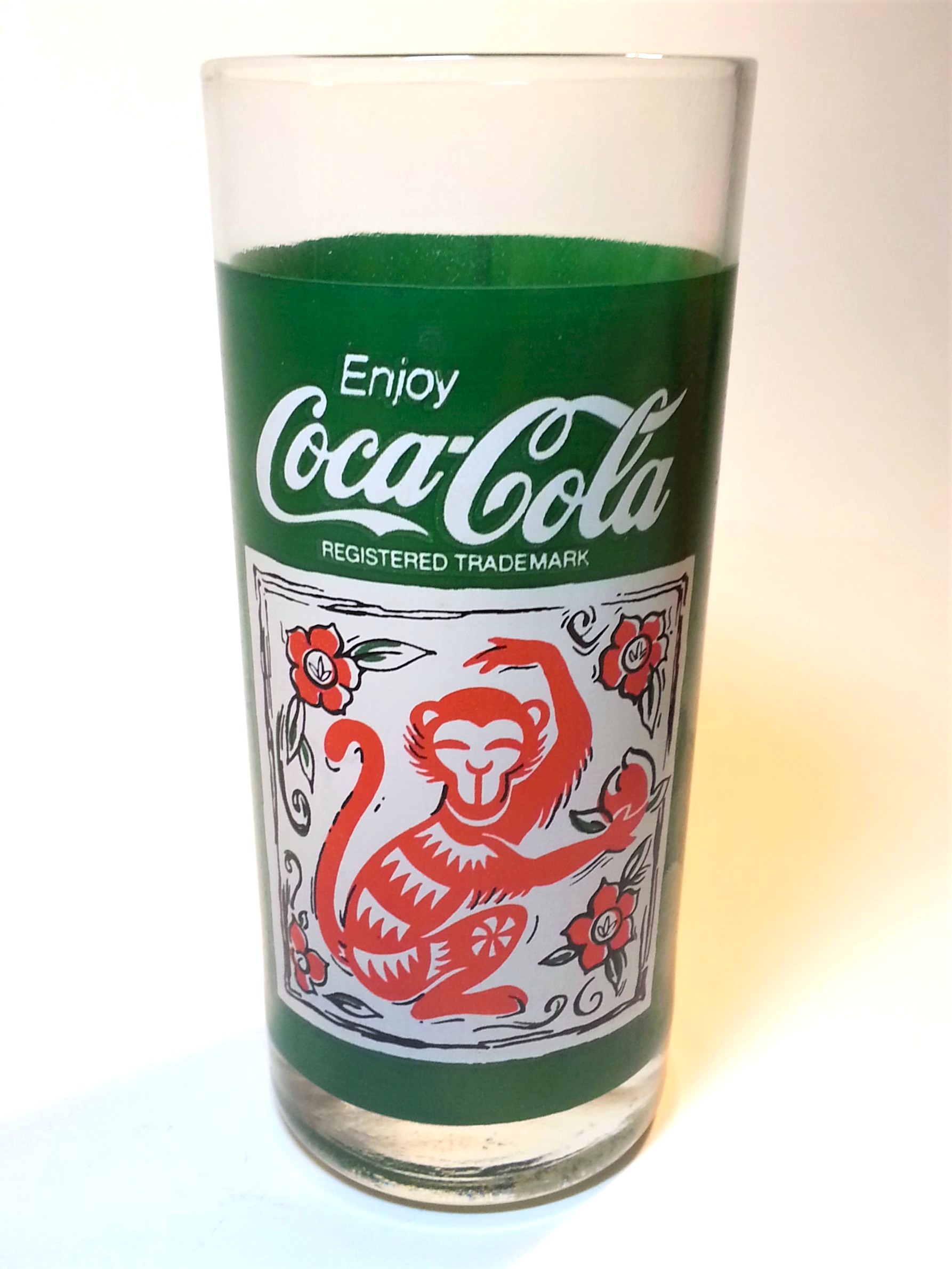 Coca Cola 1992 Chinese Zodiac Year Of The Monkey Drinking Glass Tumblers (Green / Red)