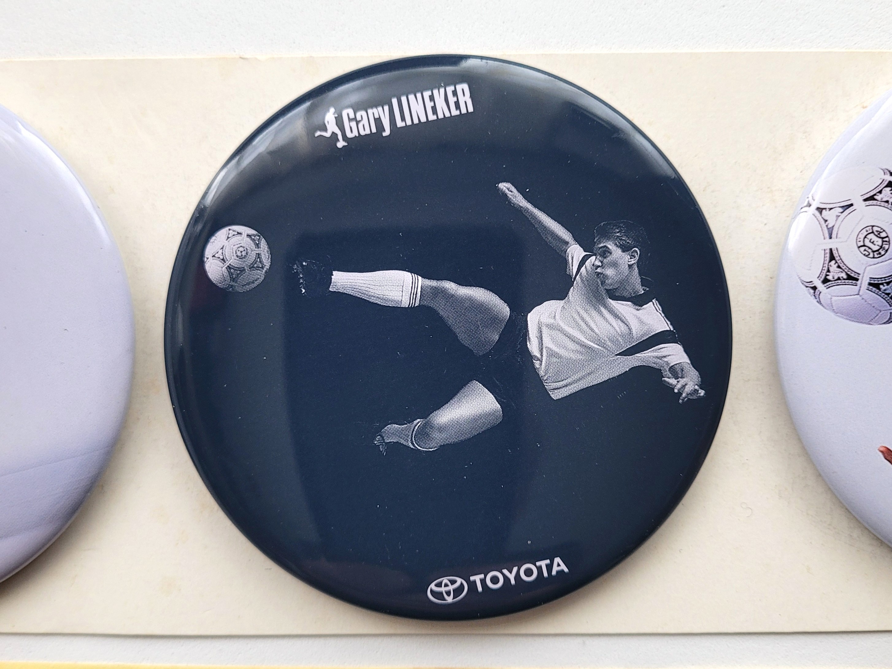 Toyota x Gary Lineker 3.25" Round Button Badge Set Of 3 w/ Sticker - 90s Pin Badges
