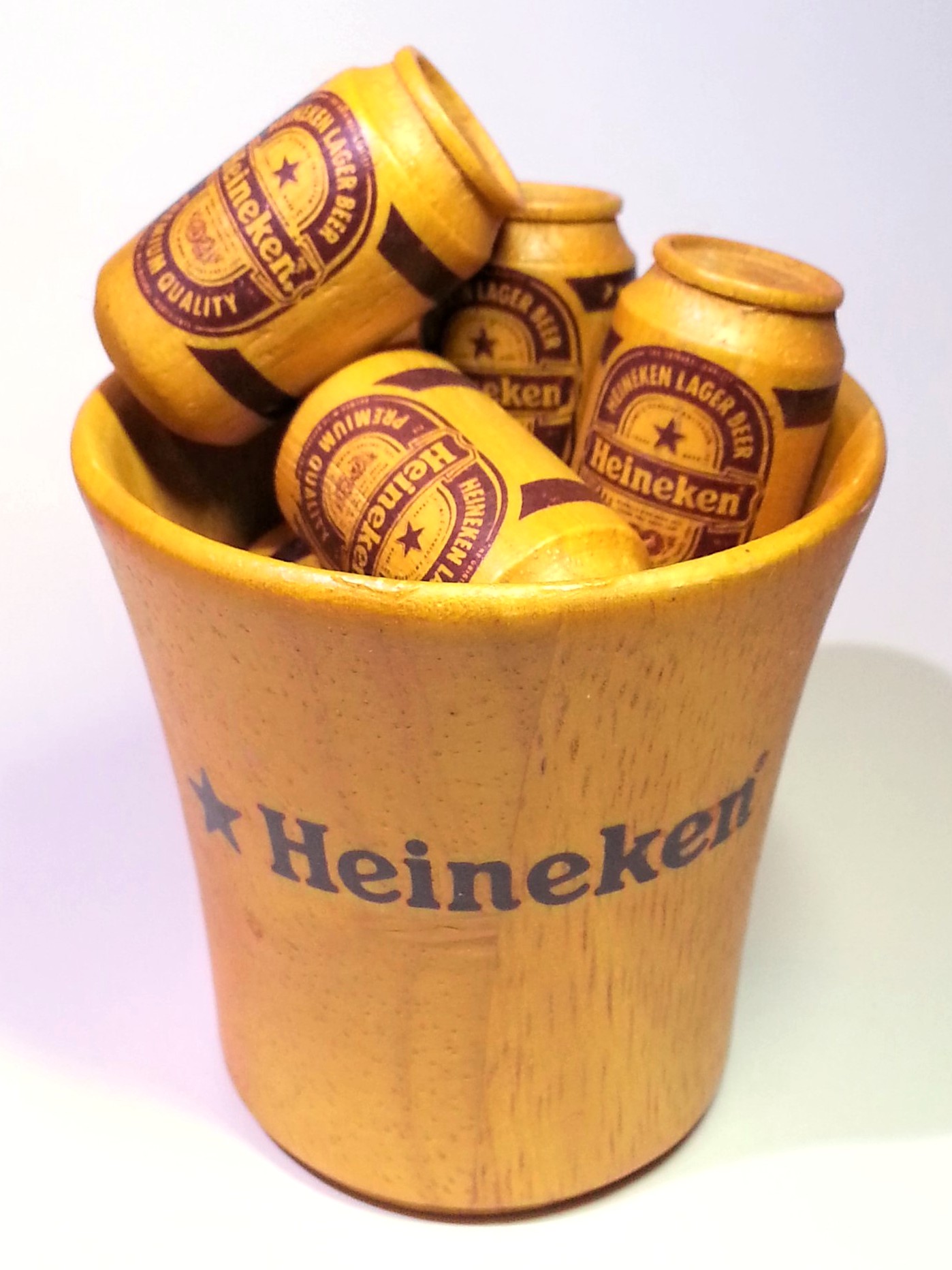 Heineken Wooden Mini Beer Can Set (6pcs) w/ Carrier Crate - Rare Vintage