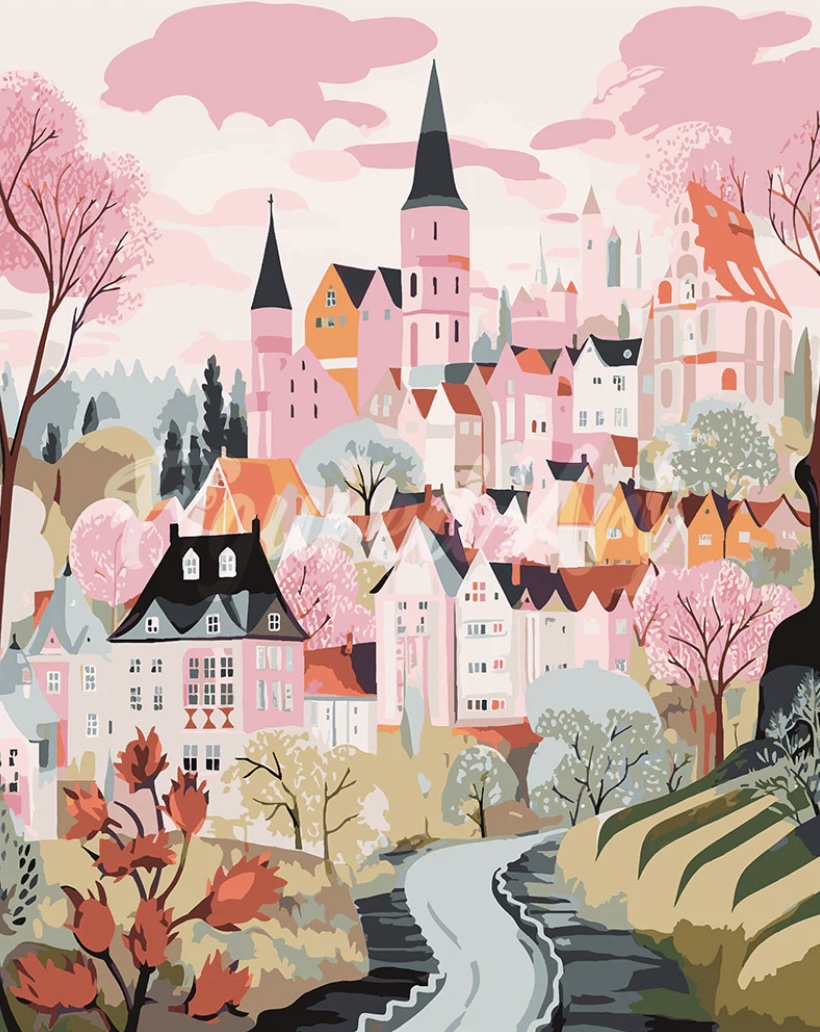 🏡 Kit Peinture par numéros – Village enchanté rose