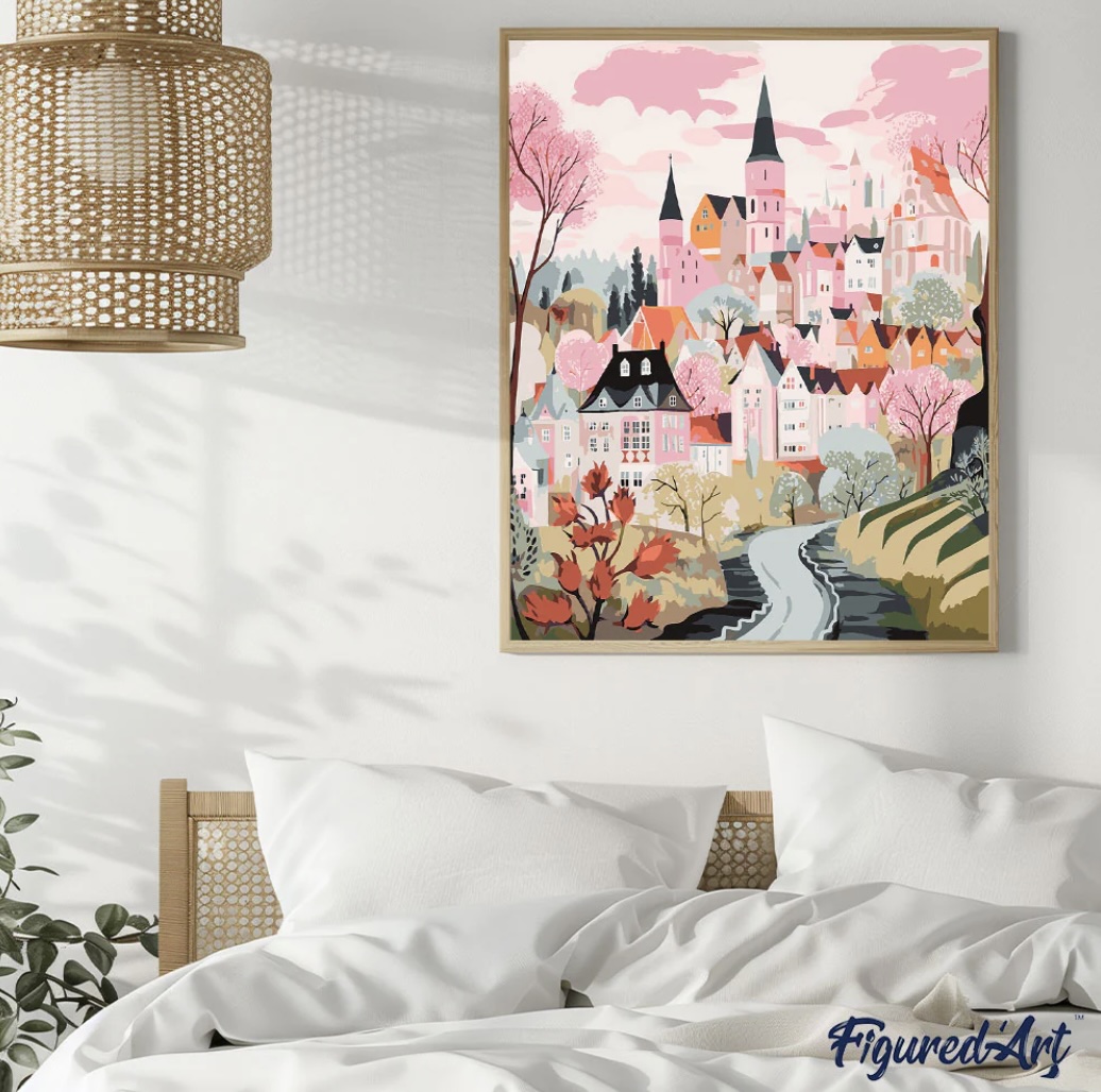 🏡 Kit Peinture par numéros – Village enchanté rose