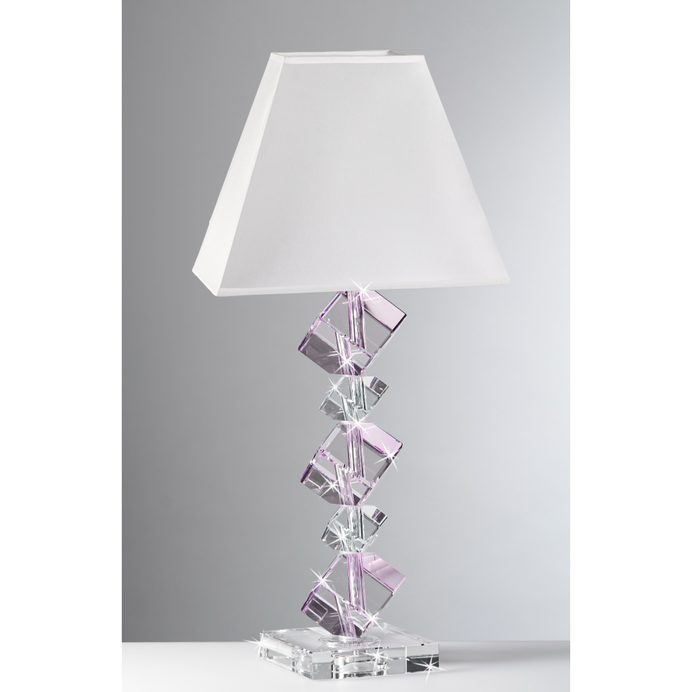 Lampada in cristallo con decorazione in rosa e paralume bianco 