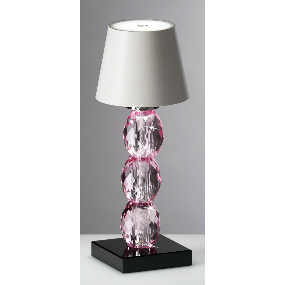 Lampada a batteria in cristallo rosa base nera e cupola bianca