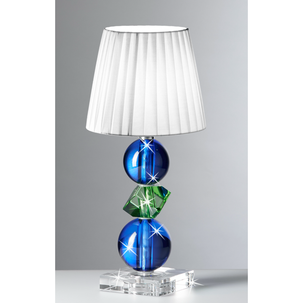 Lampada in cristallo con due sfere blu ed un particolare centrale in verde