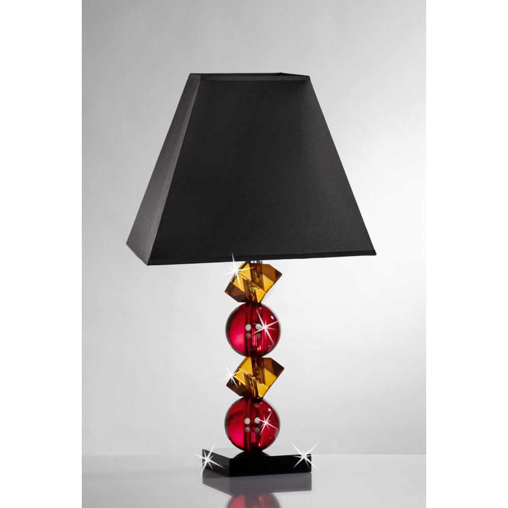 Lampada in cristallo con elementi rossi e ambra e cupola nera
