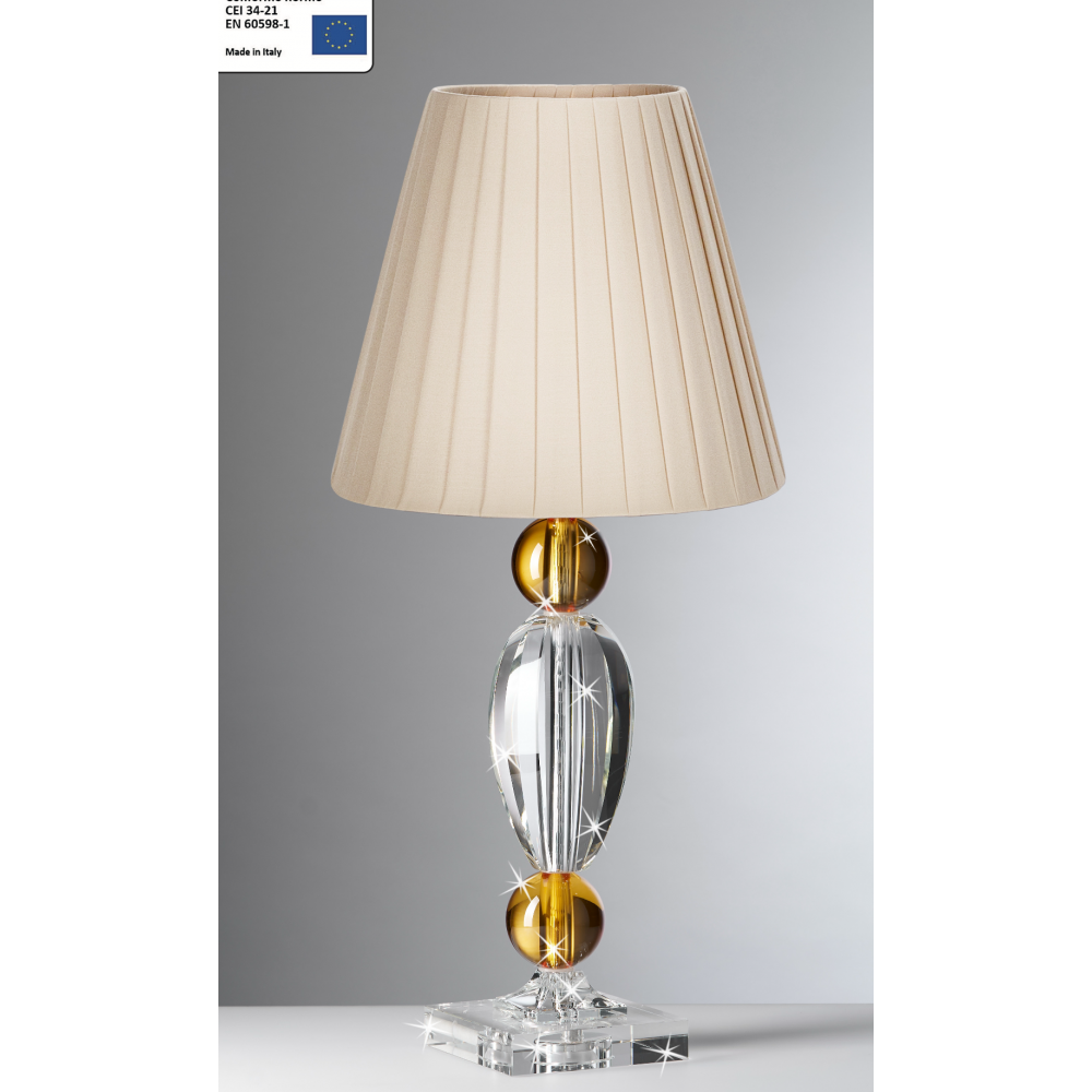 Lampada in cristallo con elementi ambra e cupola plissettata avorio