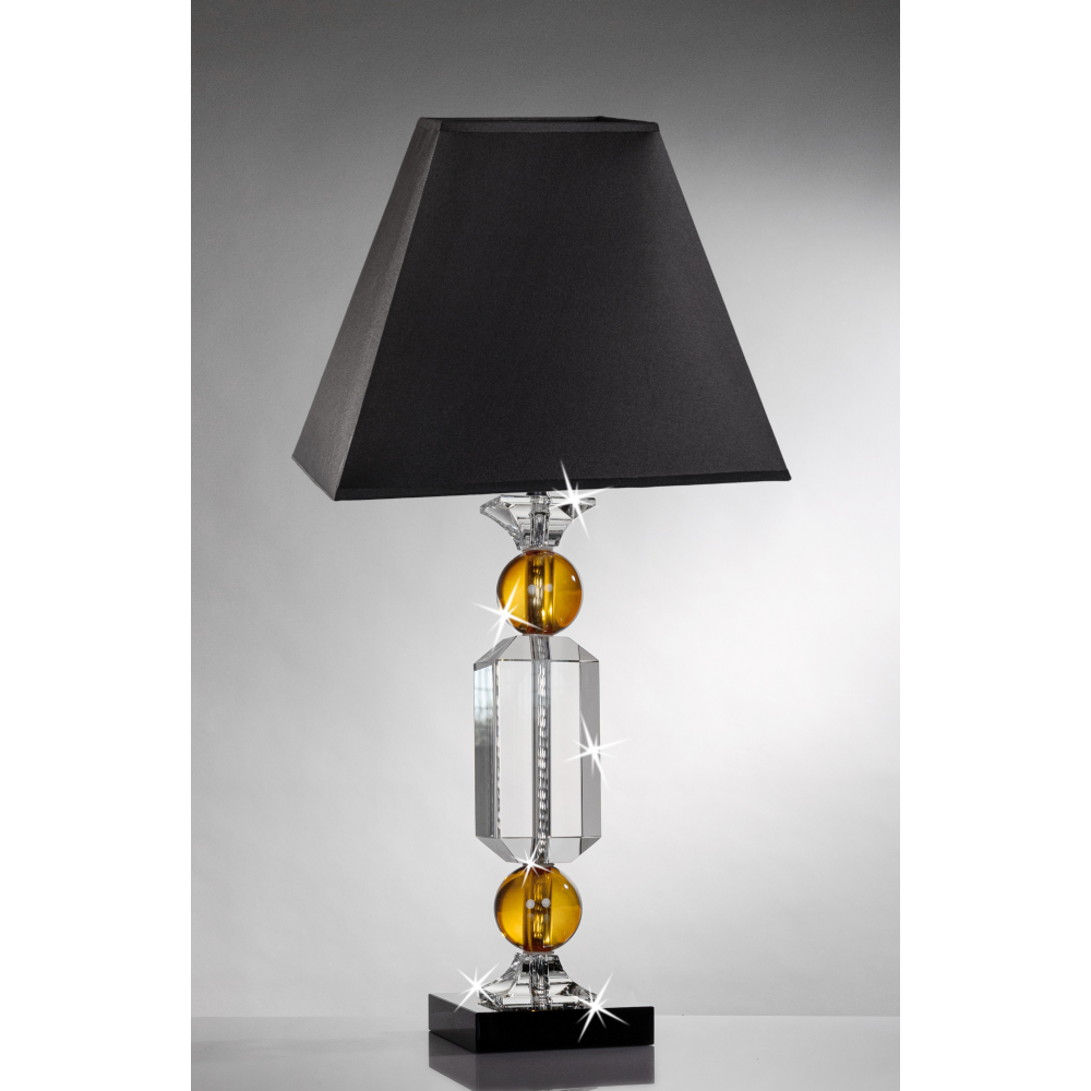 Lampada in cristallo trasparente con sfere ambra e paralume nero