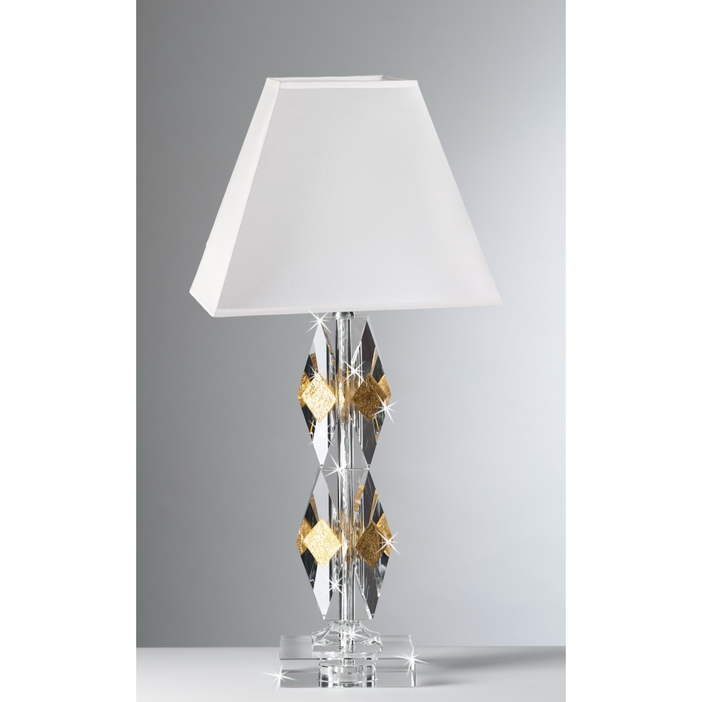 Lampada in cristallo con decori dorati e paralume quadrato bianco