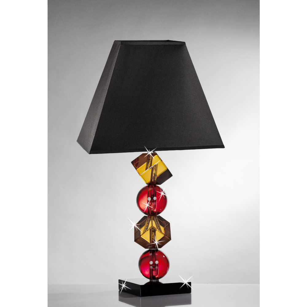 Lampada in cristallo con sfere rosse ed elementi in ambra 