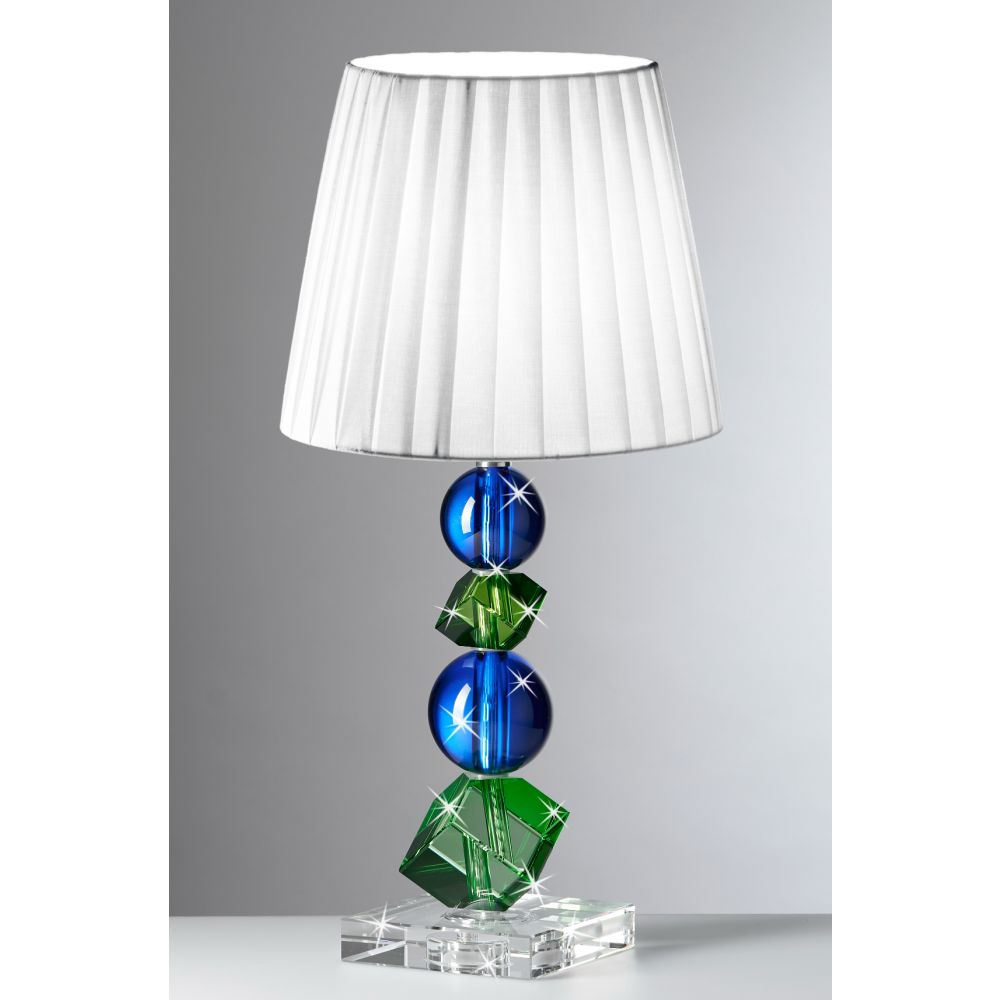 Lampada verde e blu in cristallo con paralume bianco