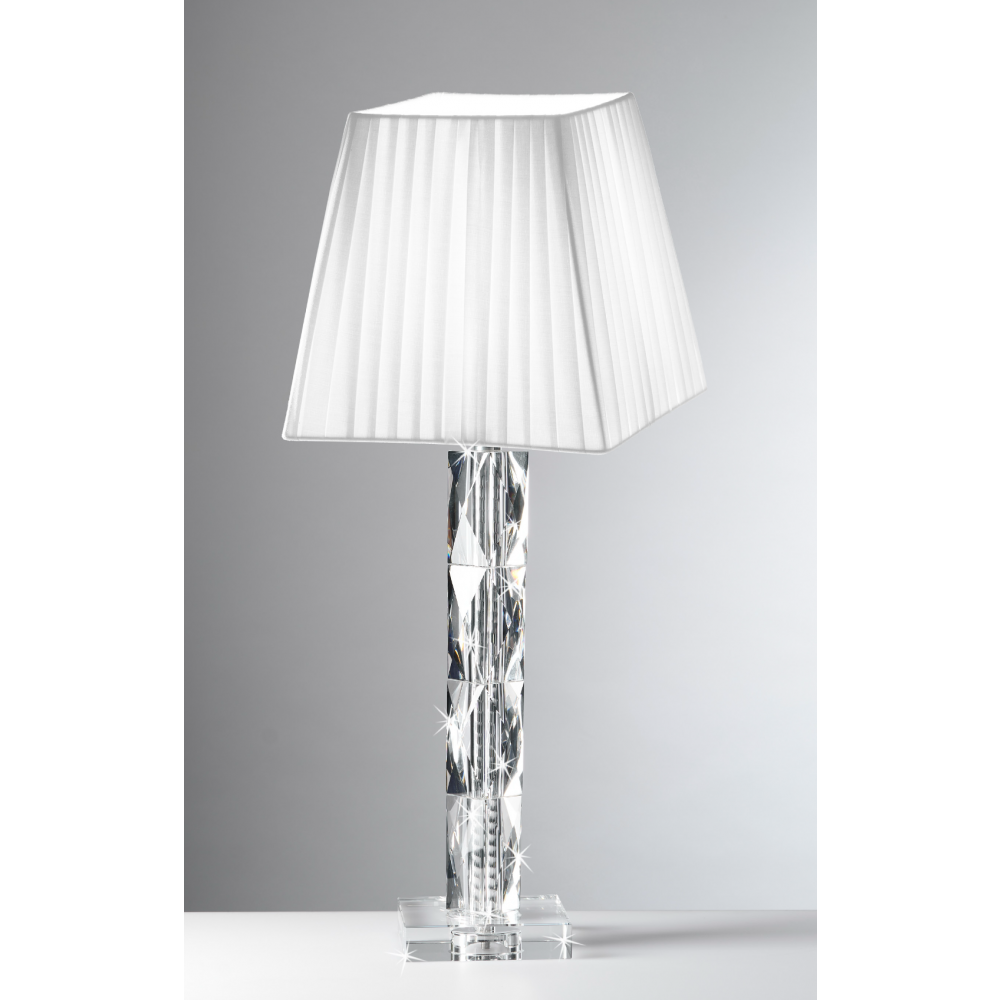 Lampada in cristallo trasparente con paralume plissettato bianco