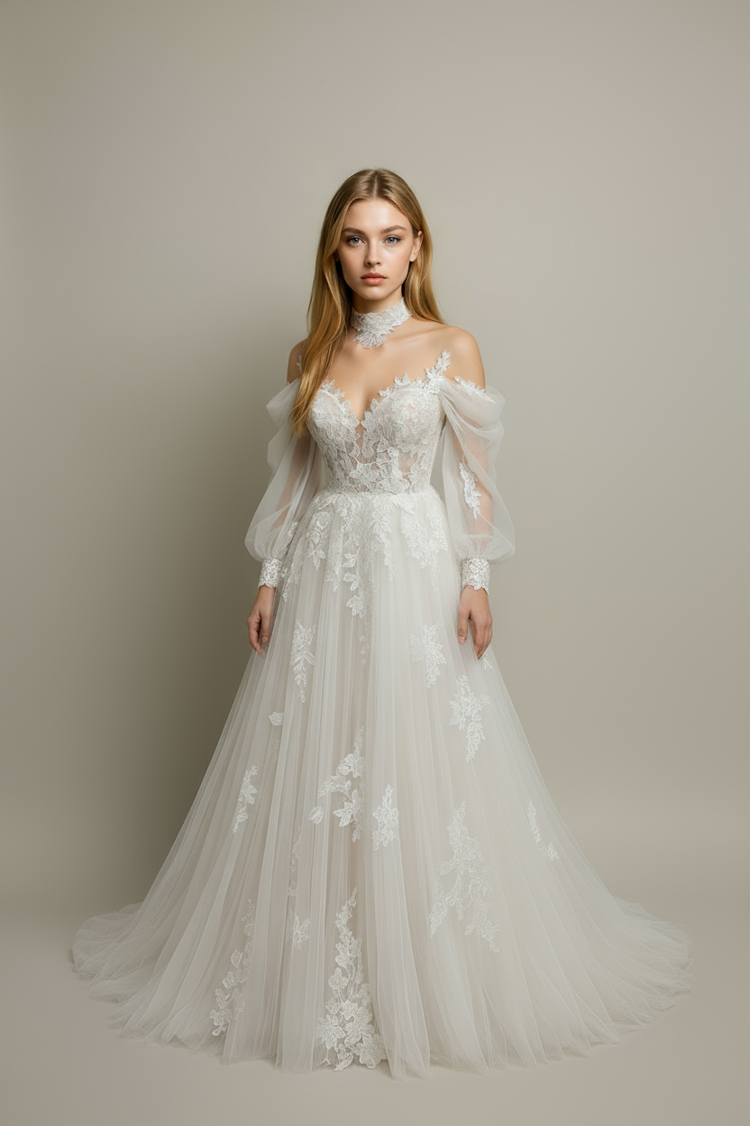 5 AI generated photos (1 x dress form,  AI model 4 different views; front, 3/4 right, 3/4 left, and rear view with turned-back glance