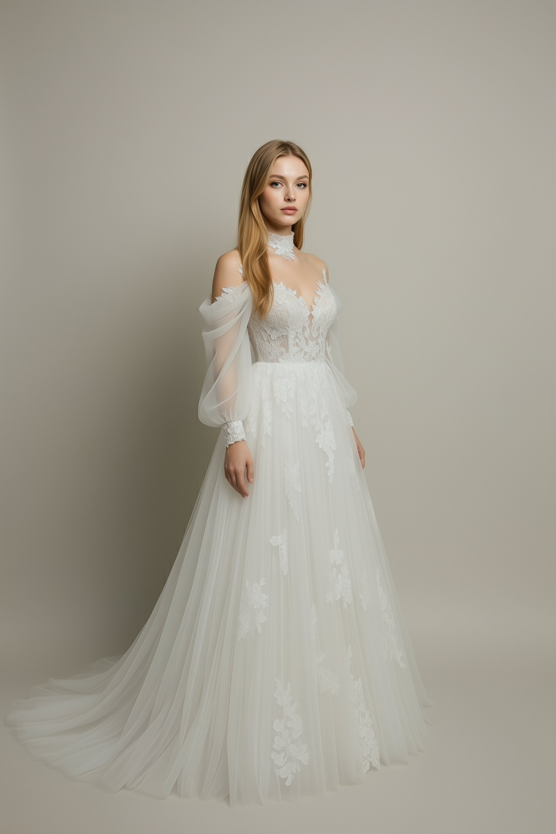 5 AI generated photos (1 x dress form,  AI model 4 different views; front, 3/4 right, 3/4 left, and rear view with turned-back glance