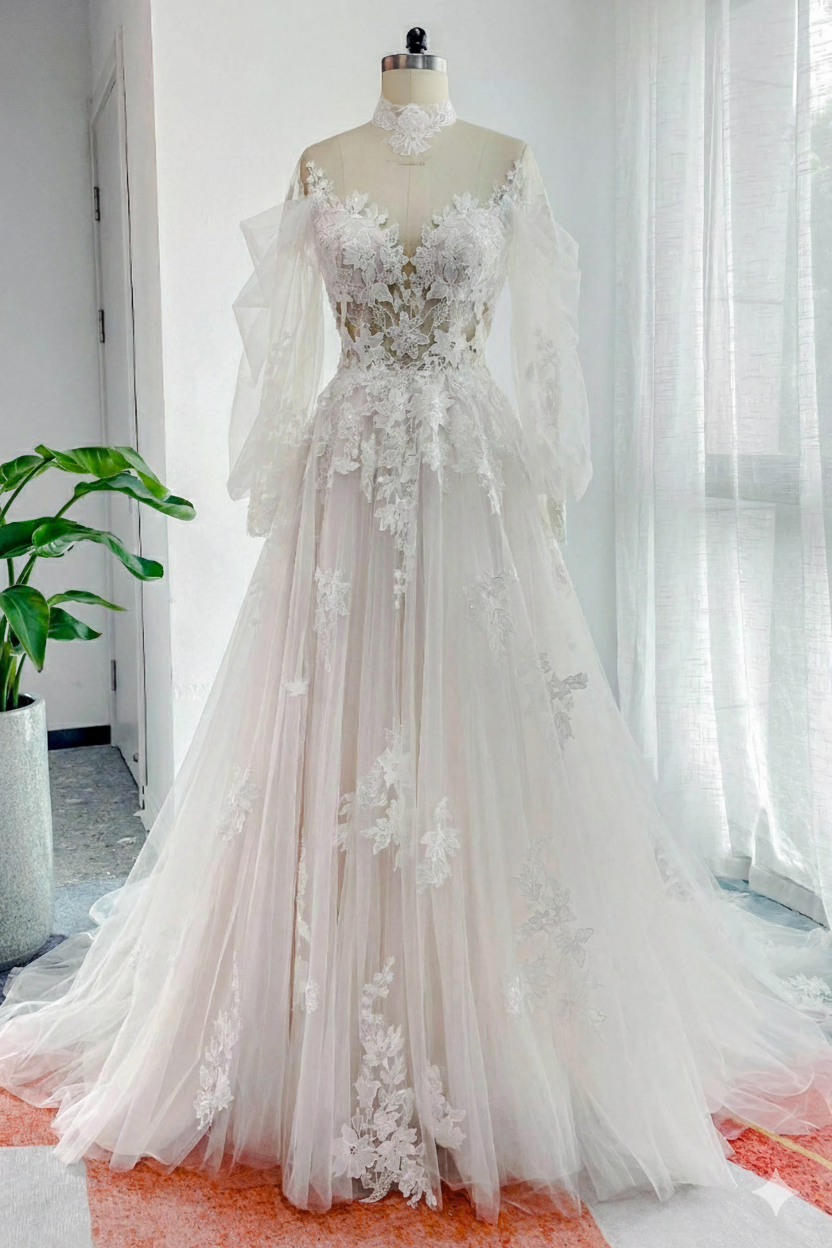 5 AI generated photos (1 x dress form,  AI model 4 different views; front, 3/4 right, 3/4 left, and rear view with turned-back glance