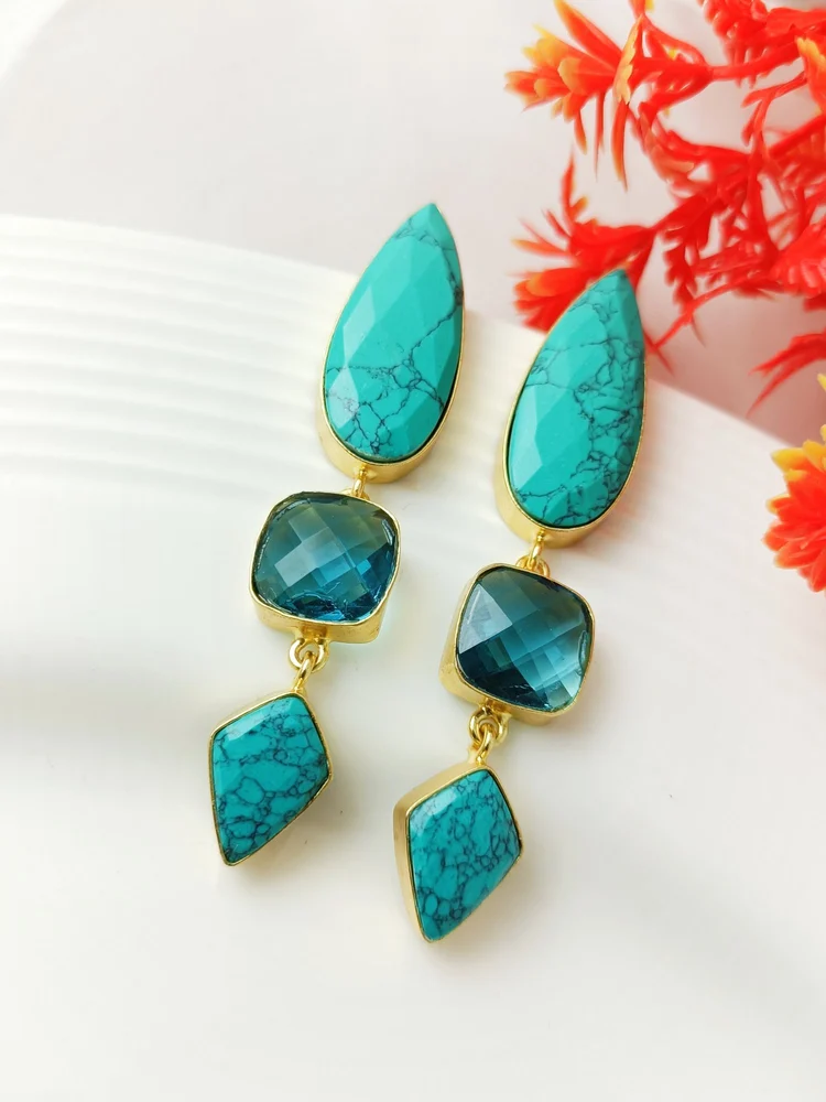 KG0003-Gold Plated Turquoise and Blue Stone Drop Earrings