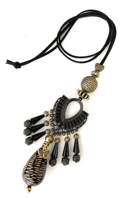 NS0004-Vintage Black Beaded Pendant Necklace