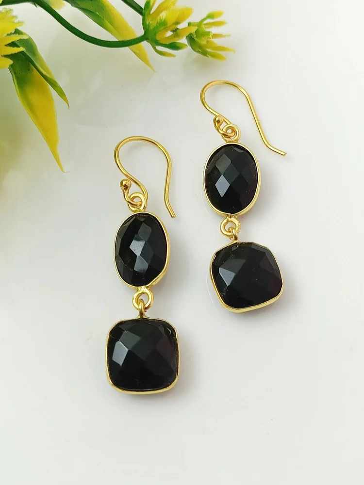 KG0002-Elegant Gold Plated Black Gemstone Drop Earrings