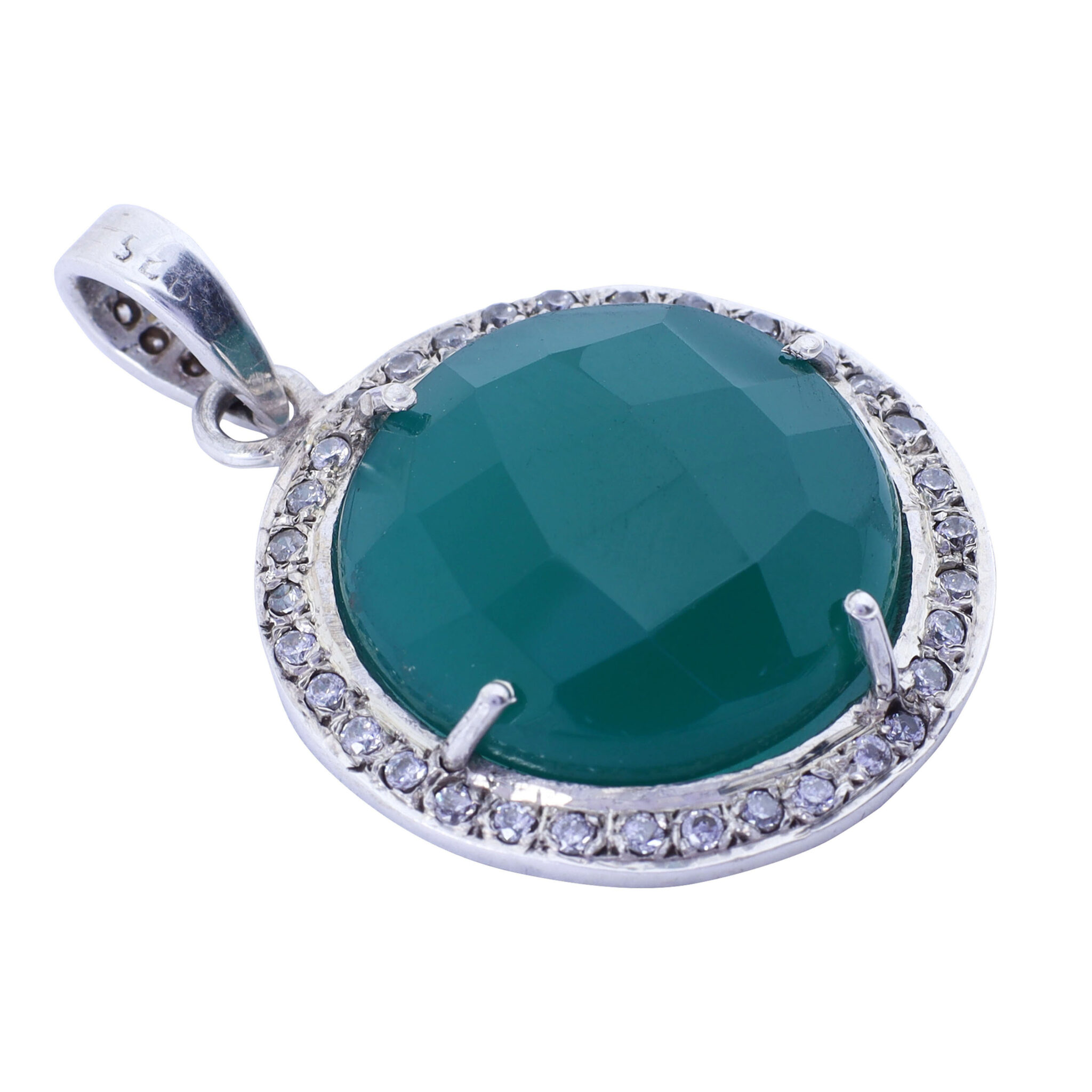 KNS0003-STERLING SILVER GREEN  ONYX WITH CZ SEATED HAND MADE DESIGNER  PENDANT