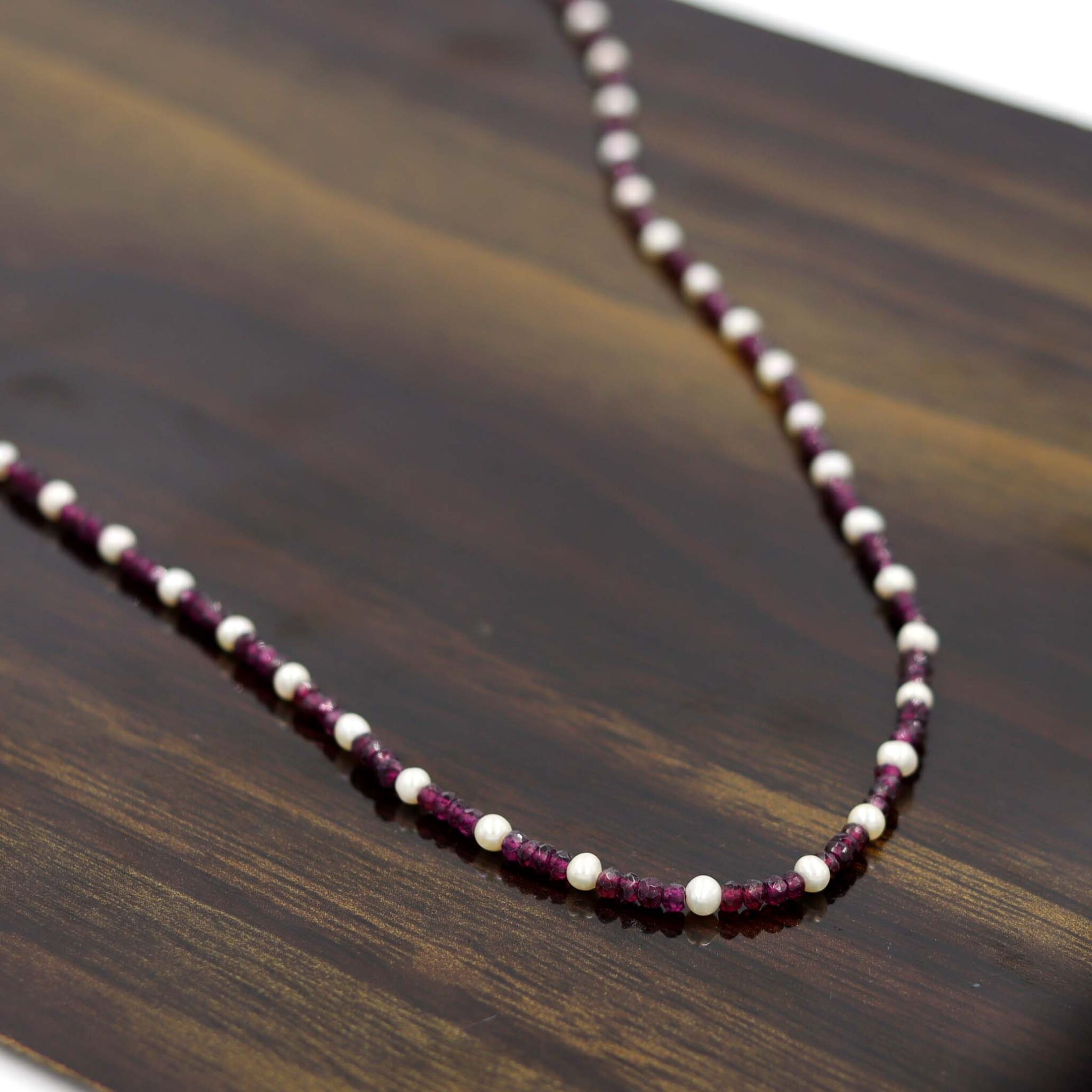 KNS0036-STERLING SILVER GARNET AND PEARL BEAD  HAND MADE DESIGNER  NECKLACE
