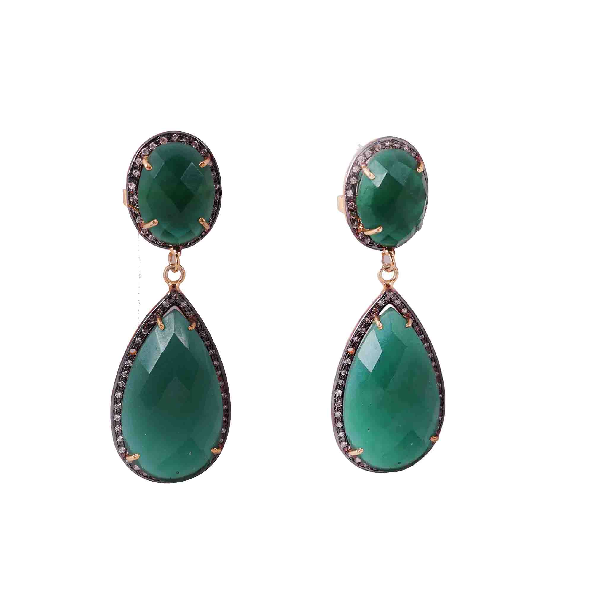 KSEG002-GOLD PLATED GREEN WITH CZ STONE SEATED EARRING
