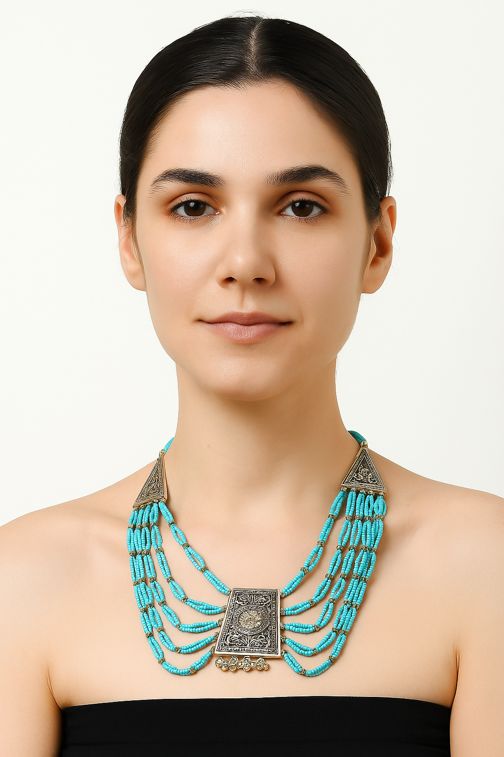 KH00002-HAND CARVED ANTIQUE STYLE NECKLACE WITH TUQURISE COLOR BEADS