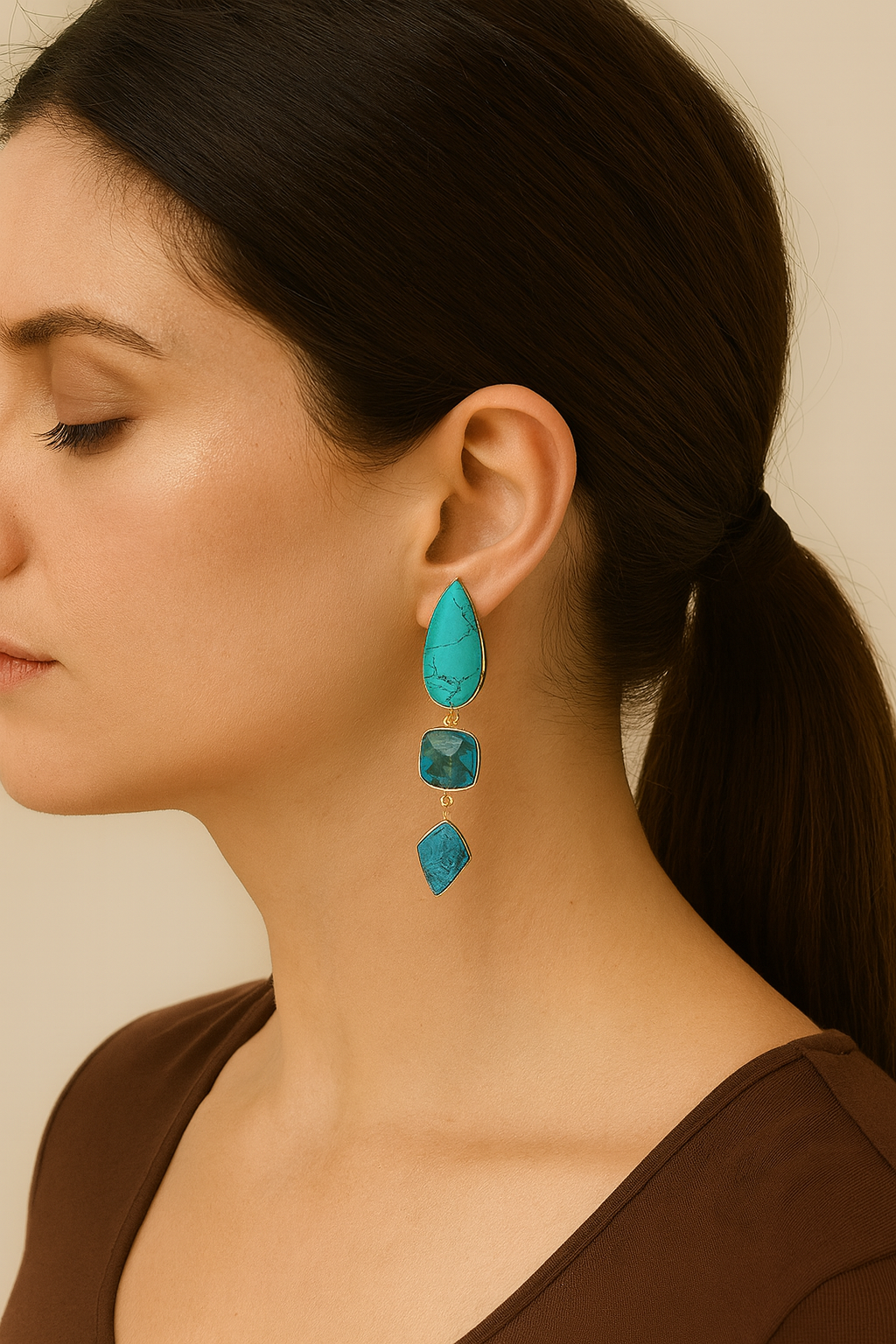 KG0003-Gold Plated Turquoise and Blue Stone Drop Earrings