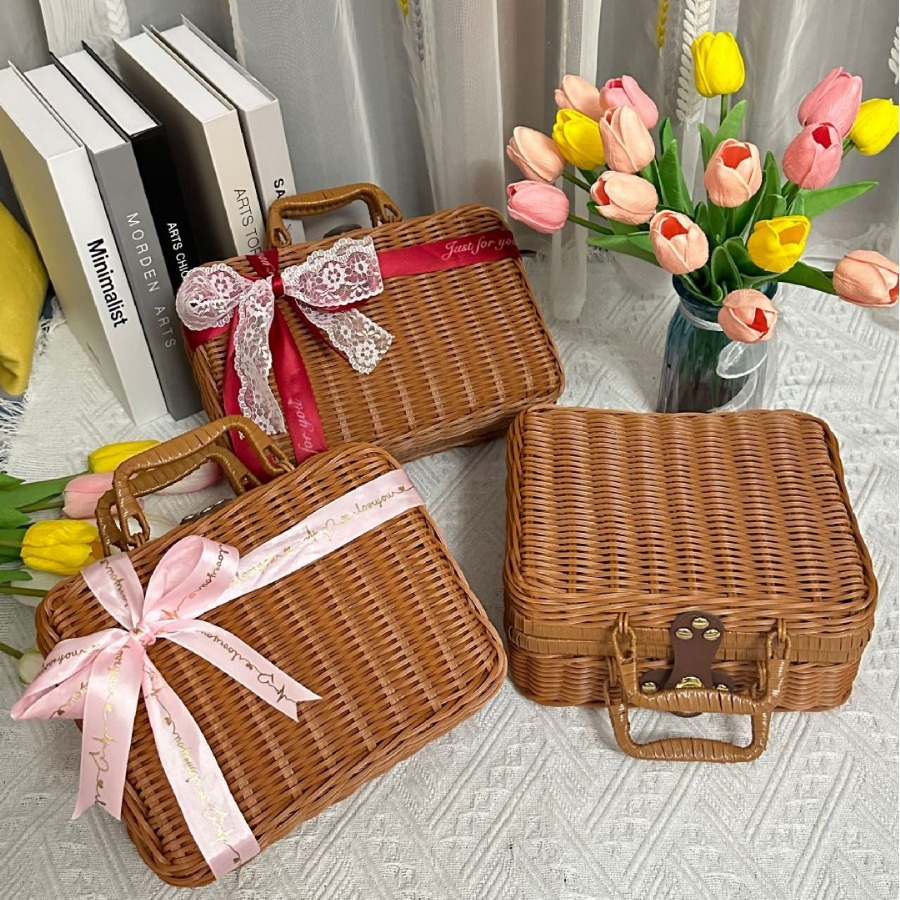 Handmade Cosmetic Storage Box Rattan Suitcase Gift Box Solid PP Woven Basket Christmas Easter