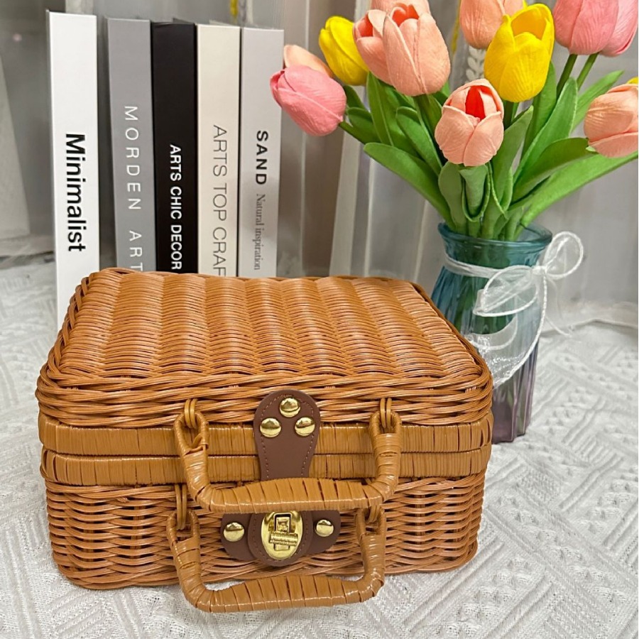Handmade Cosmetic Storage Box Rattan Suitcase Gift Box Solid PP Woven Basket Christmas Easter