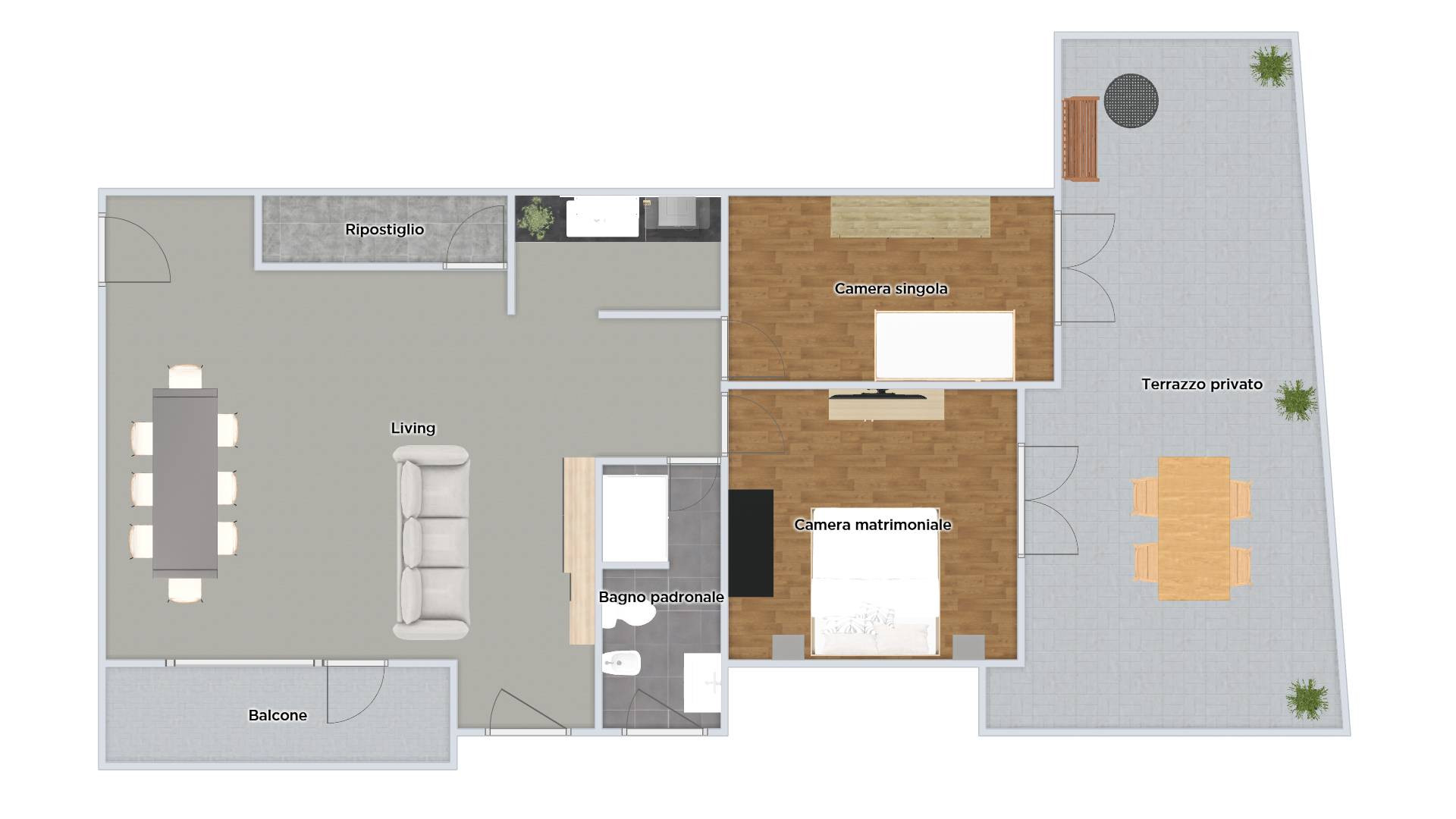 Trilocale con terrazzo di oltre 45mq, box e taverna