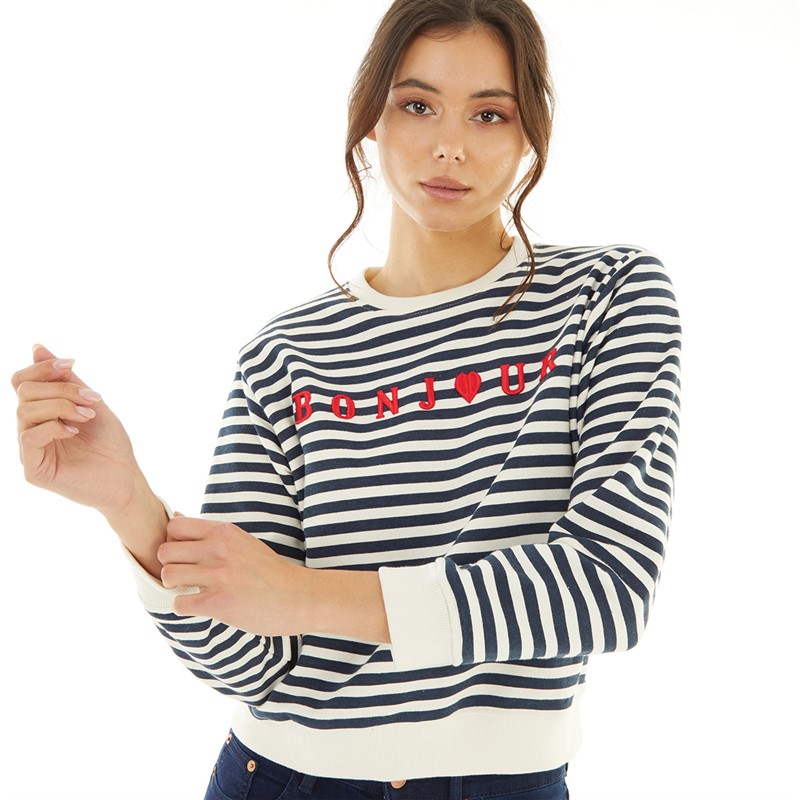 Womens Stripe Emb Bonjour Boxy Sweatshirt Dark Navy/​White/​Poppy